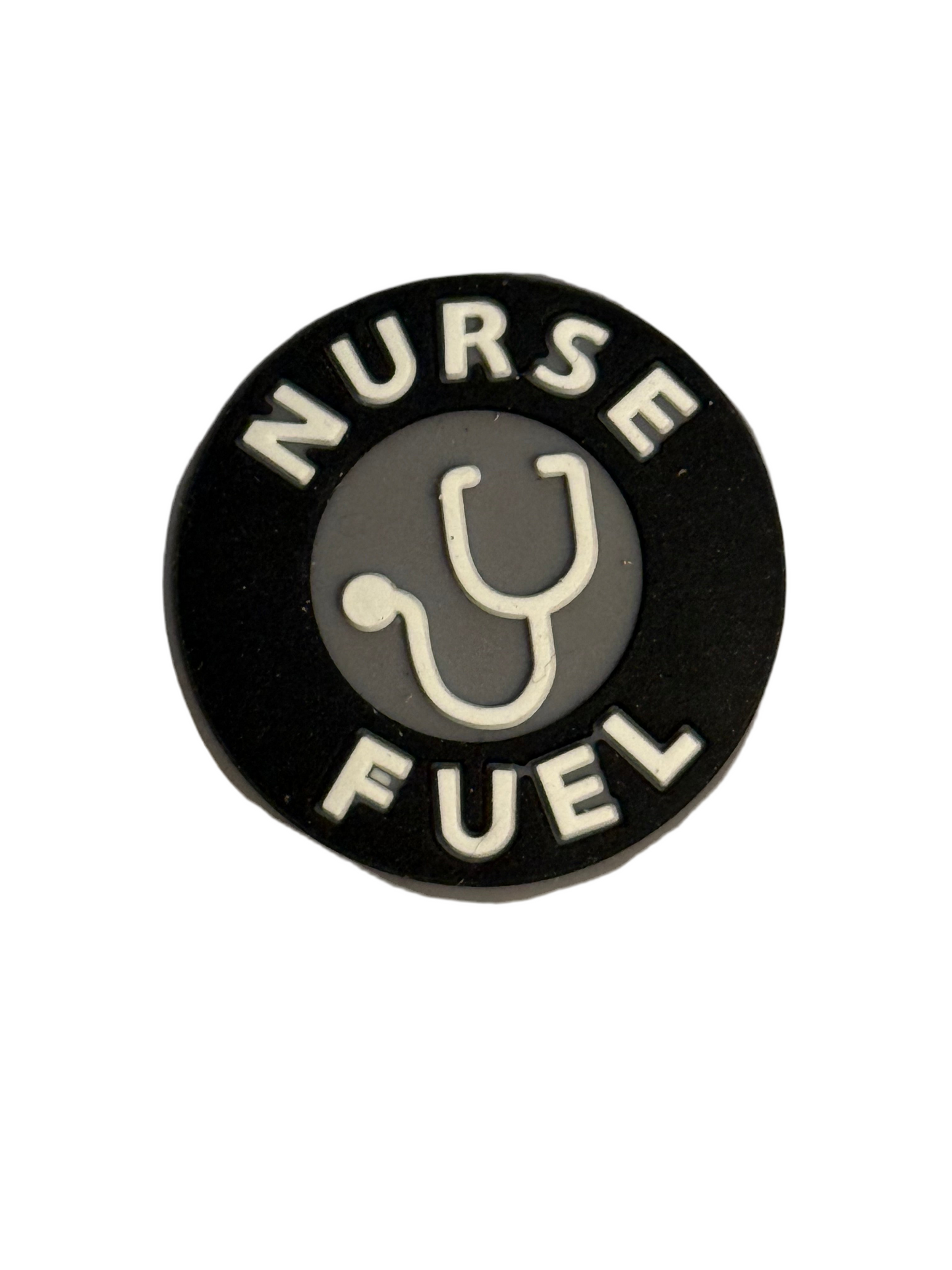 F/C9- (1)PC 1.1" Round Black/Gray/White NURSE FUEL W/Stethoscope Focal Bead for DIY Keychains, Wristlets, Cup Charms, Car Charms ETC
