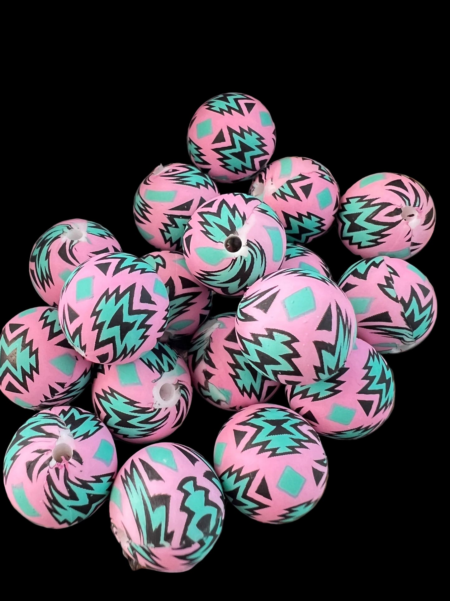 10 PCS- 15mm Pink/Teal/Black- Aztec/Western Print Silicone beads image 0