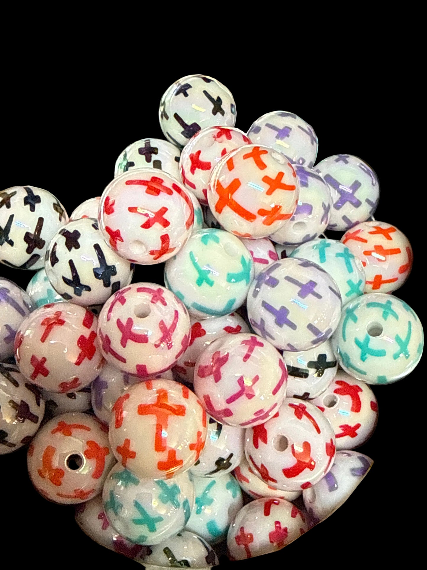 B136- (10PCS) 15mm Round UVAB WHITE CROSS MULTI-COLOR MIX Acrylic Beads for DIY