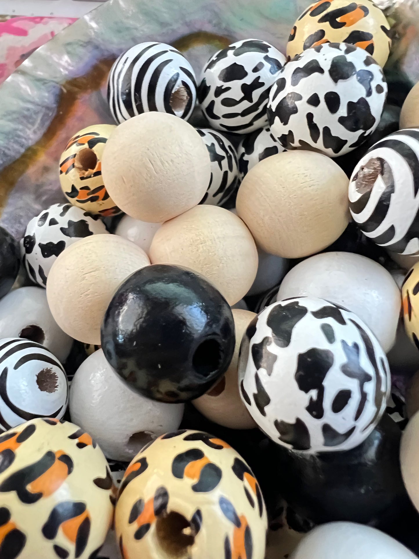 10 PCS- 16mm Multicolored Leopard/Zebra/Cow/Black/White Round Wooden Beads image 2