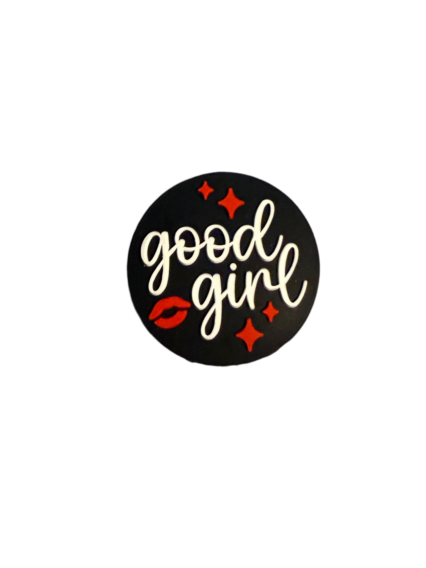 F/Q85 (1)PC 1.1" Round Good Girl W/Red Lips Focal Bead for DIY Keychains, Wristlets, Cup Charms, Car Charms ETC