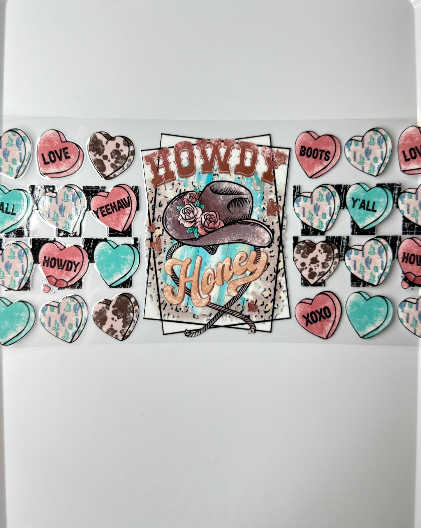 C30- HOWDY Honey with Cowgirl hat, and pastel hearts 16OZ UV DTF Transfer Wrap/Sticker for Cup/Tumbler
