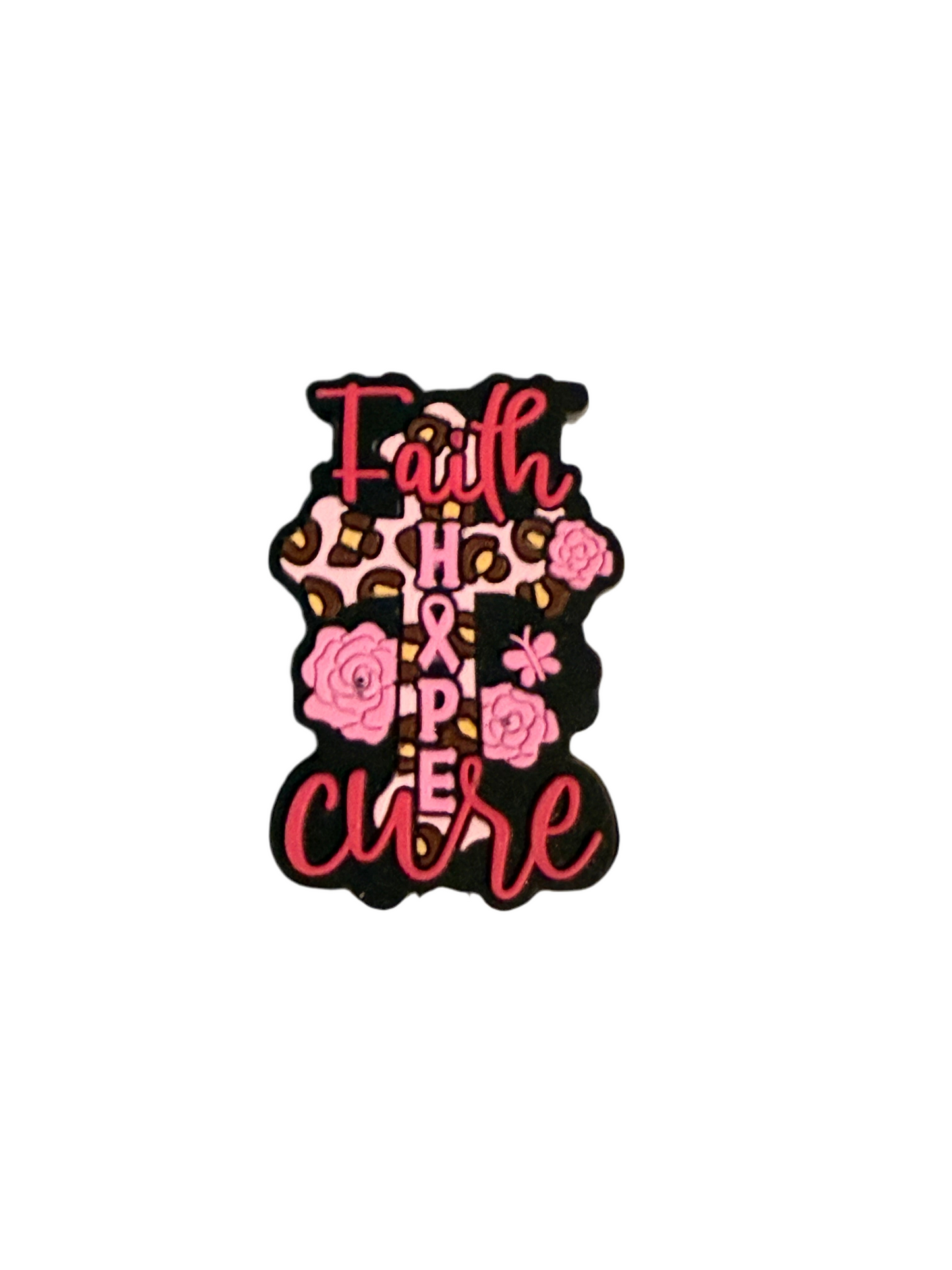 F/DX 13 (1)PC 1.2" Faith Hope Cure Cross W/ Pink Ribbon/Flowers Focal Bead for DIY Keychains, Wristlets, Cup Charms, Car Charms ETC