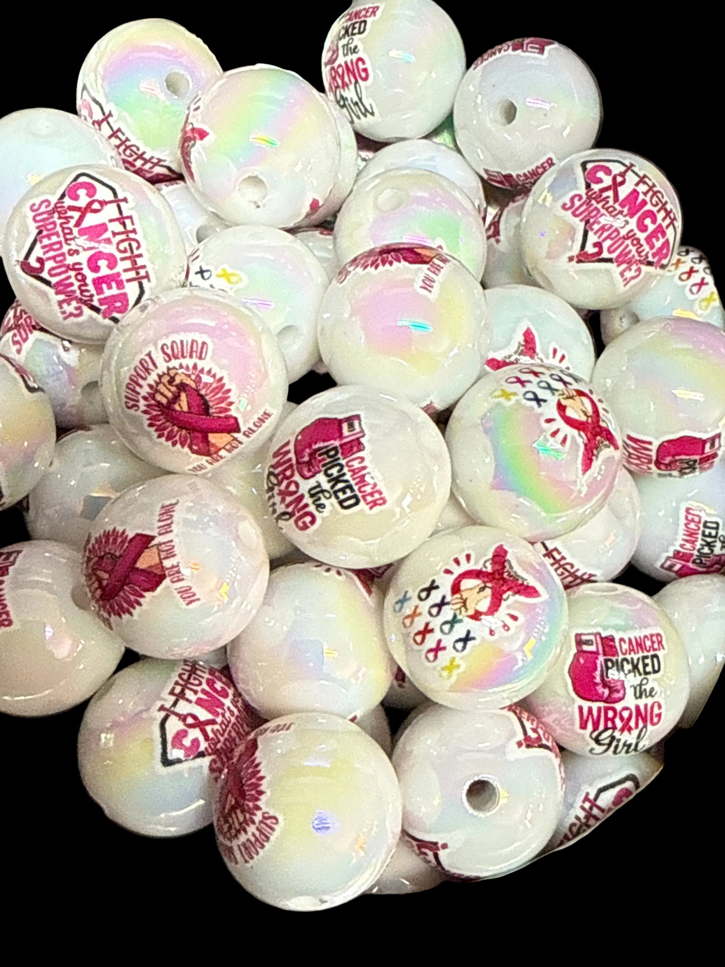 B133- (10PCS) 15mm Round UVAB WHITE Cancer Ribbon/Quote MIX Acrylic Beads for DIY