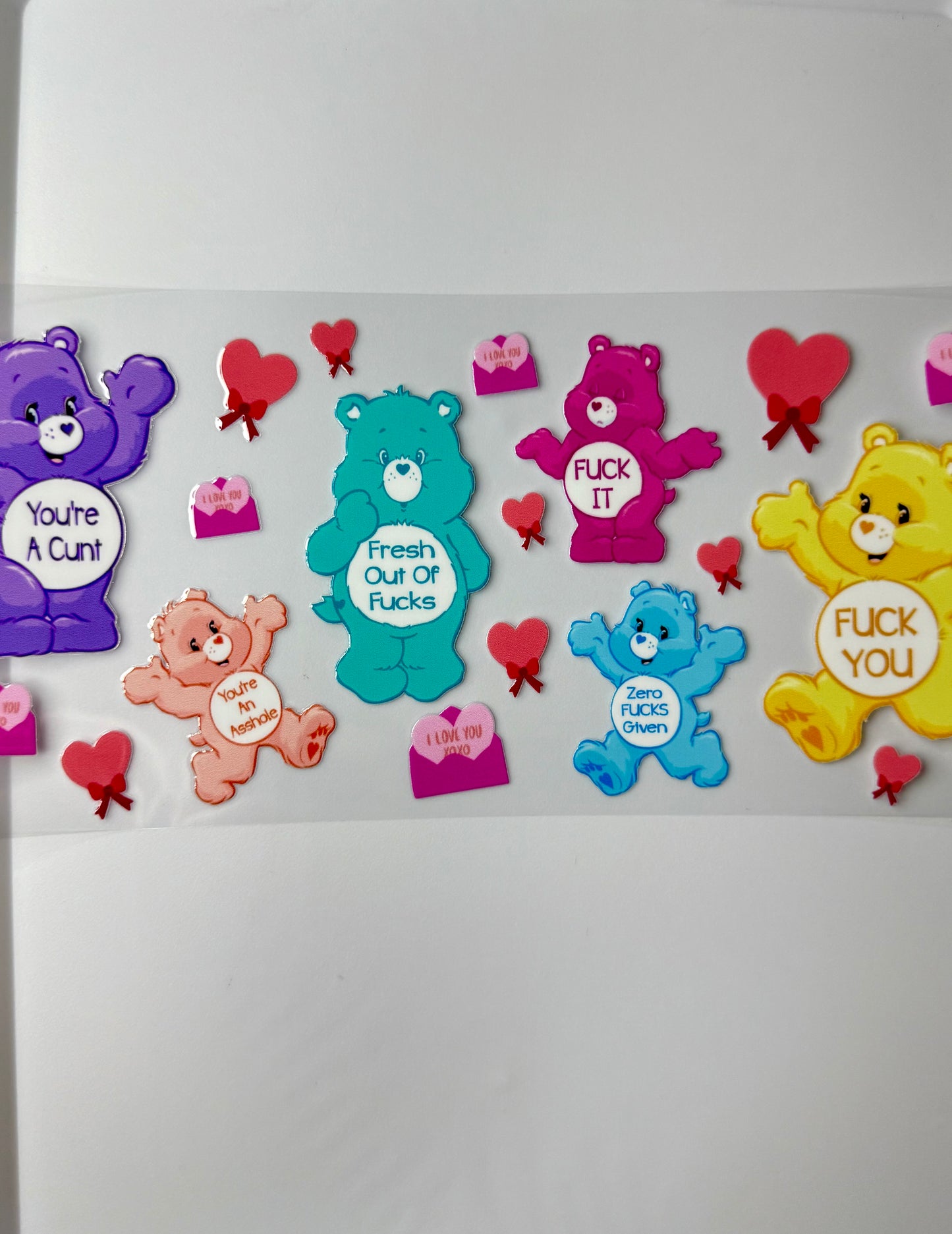 C36- Colorful Bright Bad Word Care Bears with hearts, and envelopes 16OZ UV DTF Transfer Wrap/Sticker for Cup/Tumbler