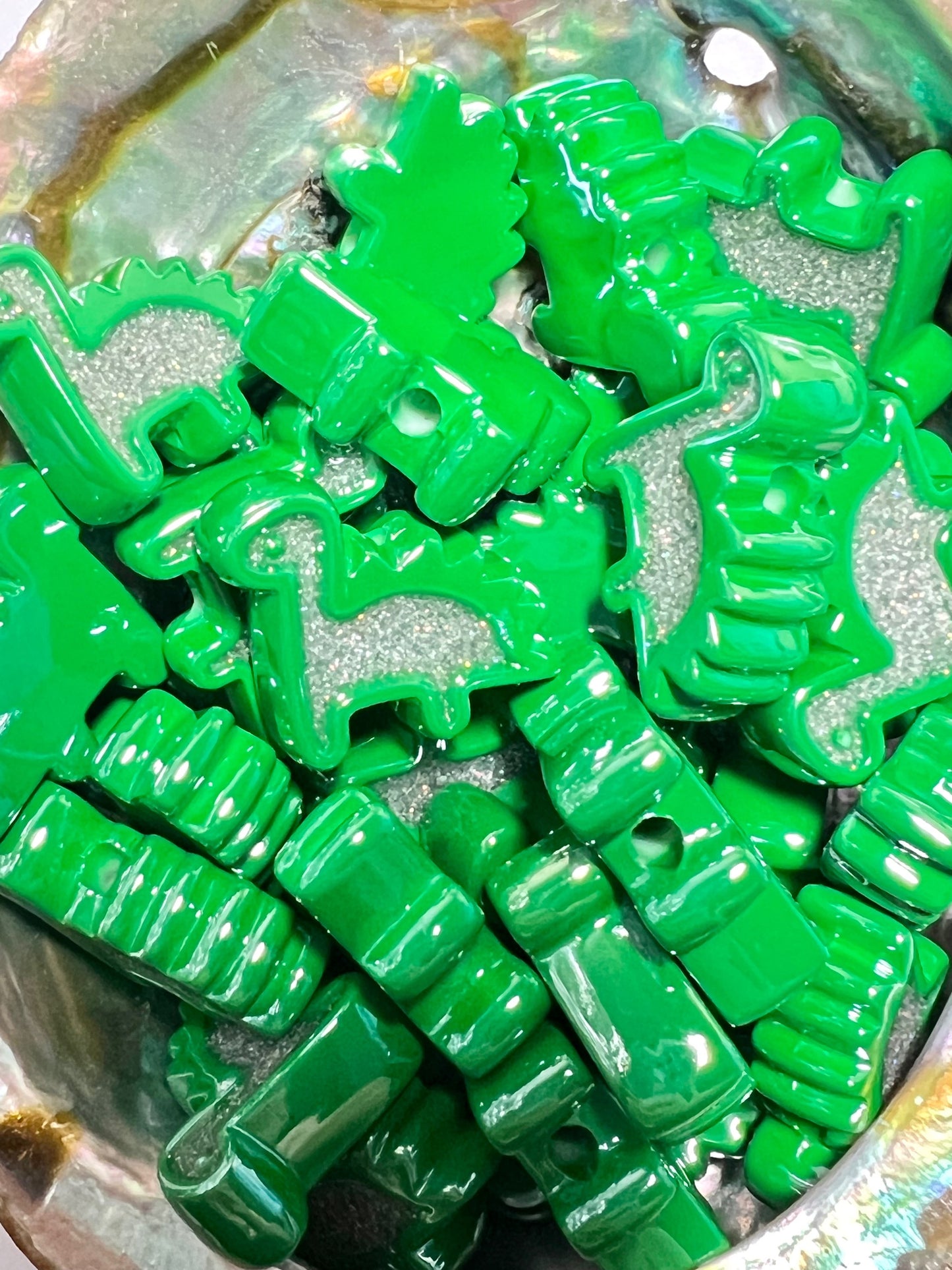 5 PCS- 25mm 3D Acrylic Dinosaur/Stegosaurus/Green with Silver Glitter Beads image 2