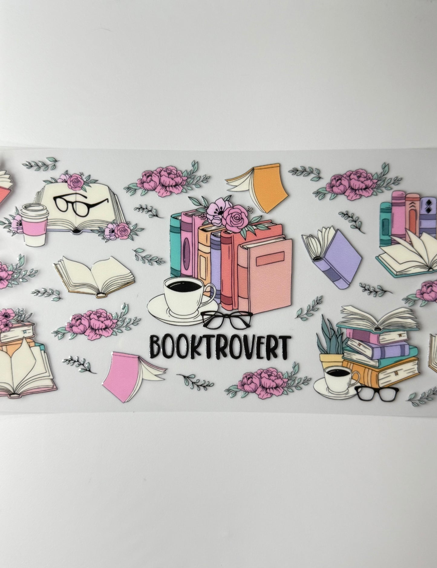 C50- BOOKTROVERT with colorful books, coffee, glasses, and flowers 16OZ UV DTF Transfer Wrap/Sticker for Cup/Tumbler