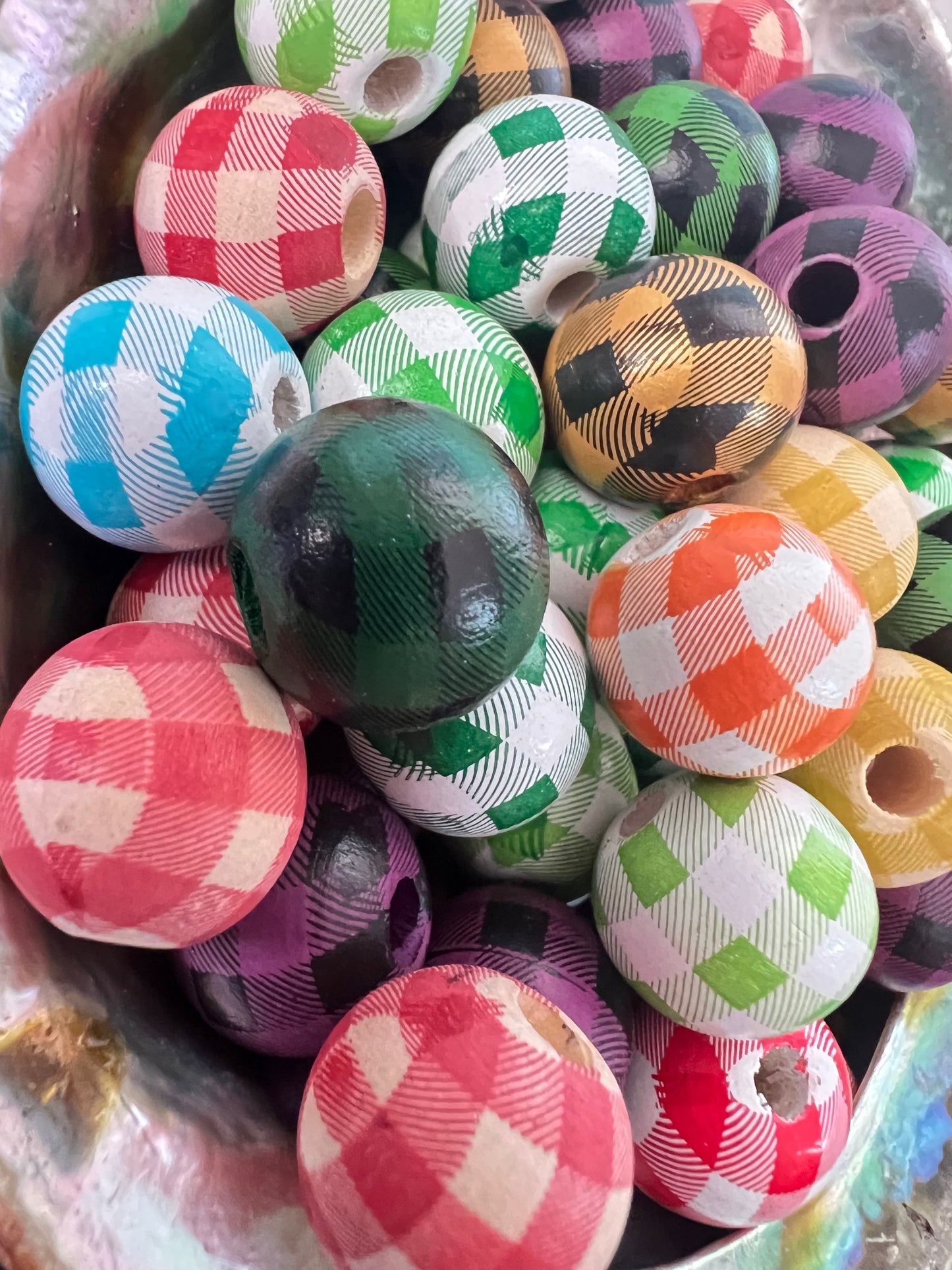 10 PCS- 15mm Darker Colors Round Wooden/Checkered/Gingham Pattern Beads image 2