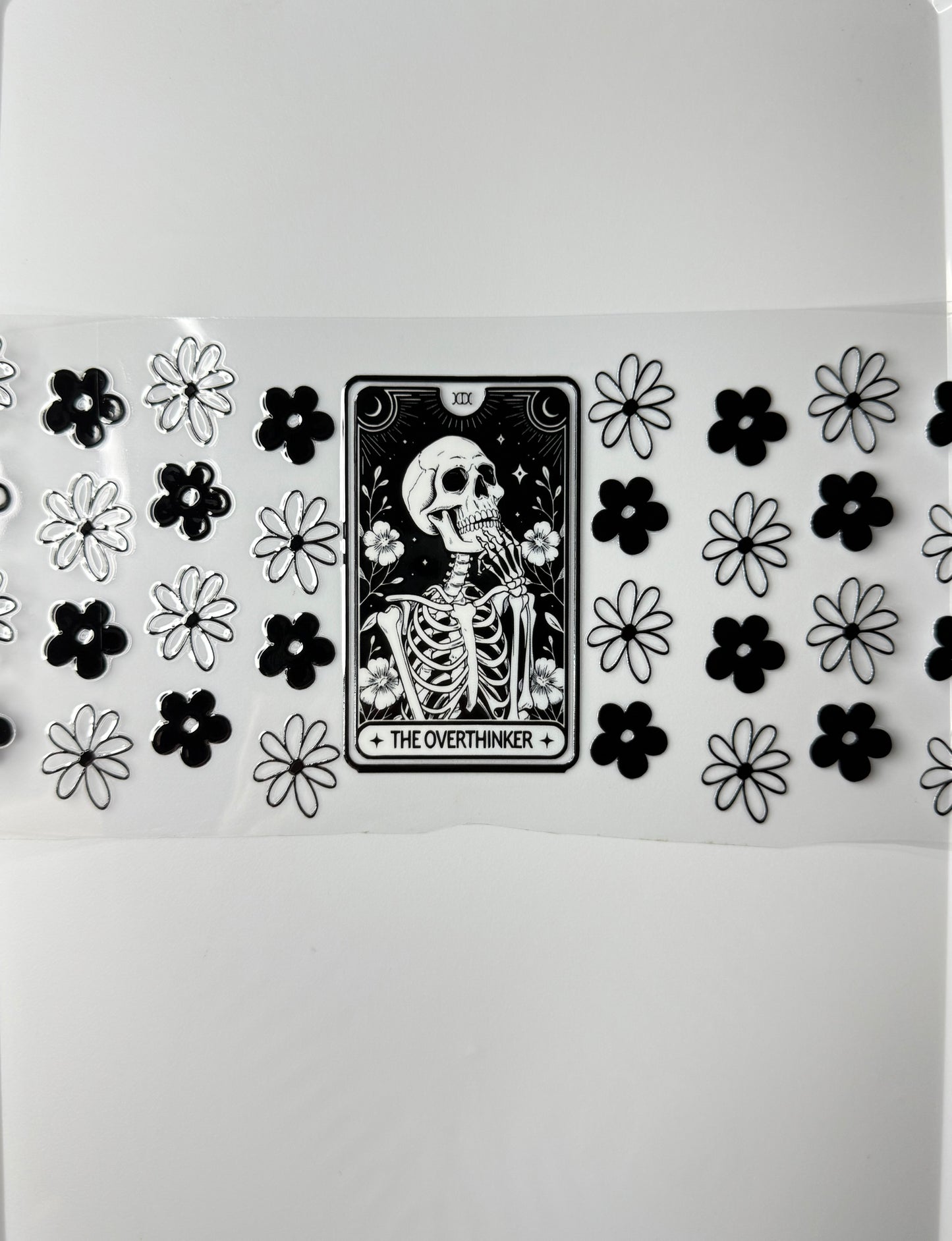 C22- The Overthinker Tarot Card with Black/White flowers 16OZ UV DTF Transfer Wrap/Sticker for Cup/Tumbler