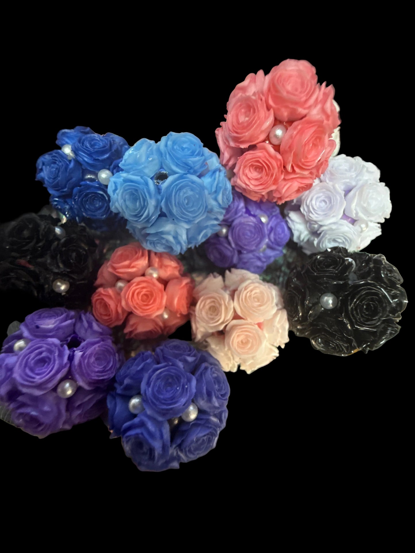 FFB2- (5PCS) 21mm Fancy Roses W/Pearls Silicone Touch Round Mixed Colors Beads for DIY