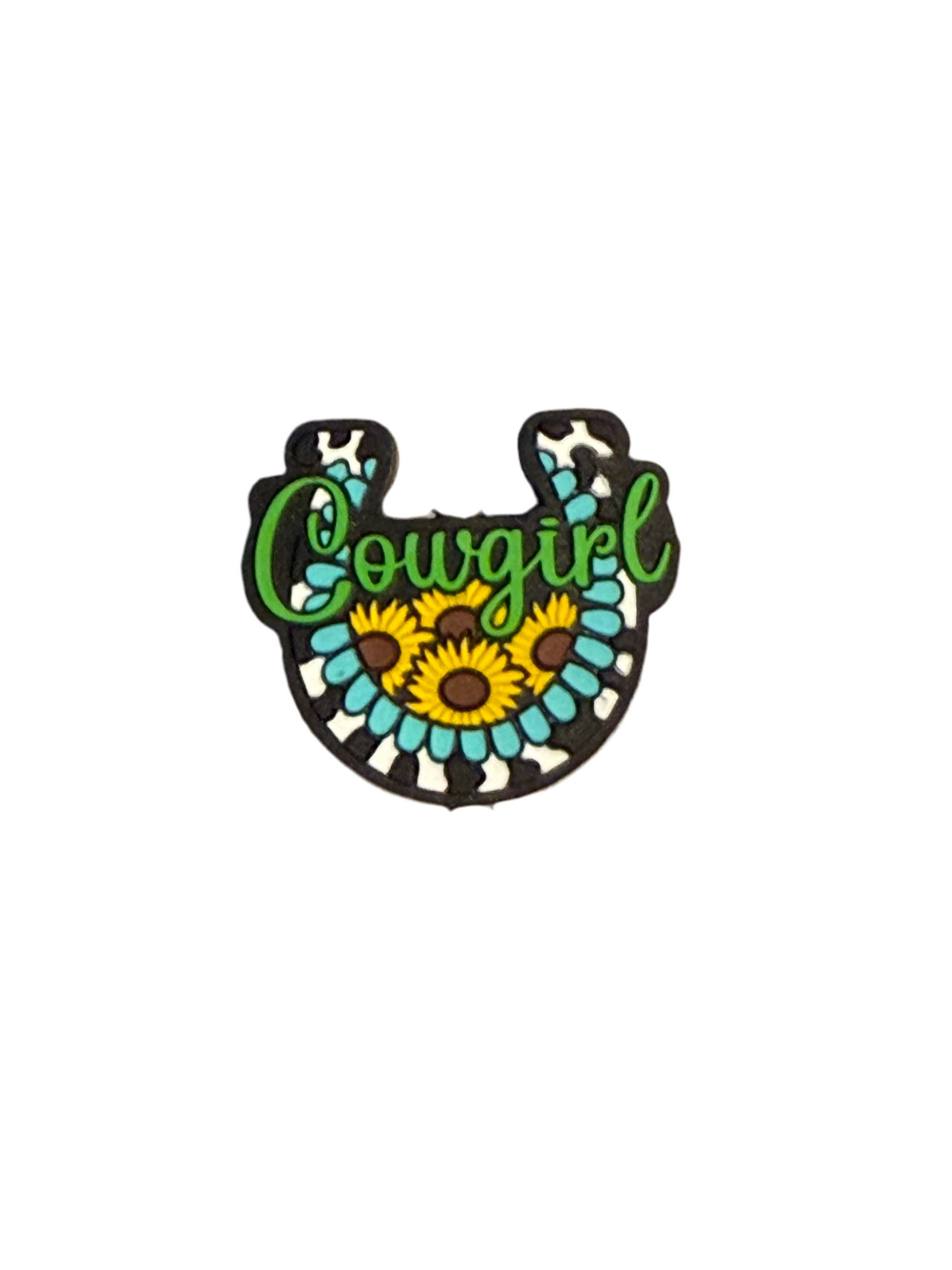 F/C12- (1)PC 1.1" Cowgirl W/Cow Print Horseshoe W/Sunflowers Focal Bead for DIY Keychains, Wristlets, Cup Charms, Car Charms ETC