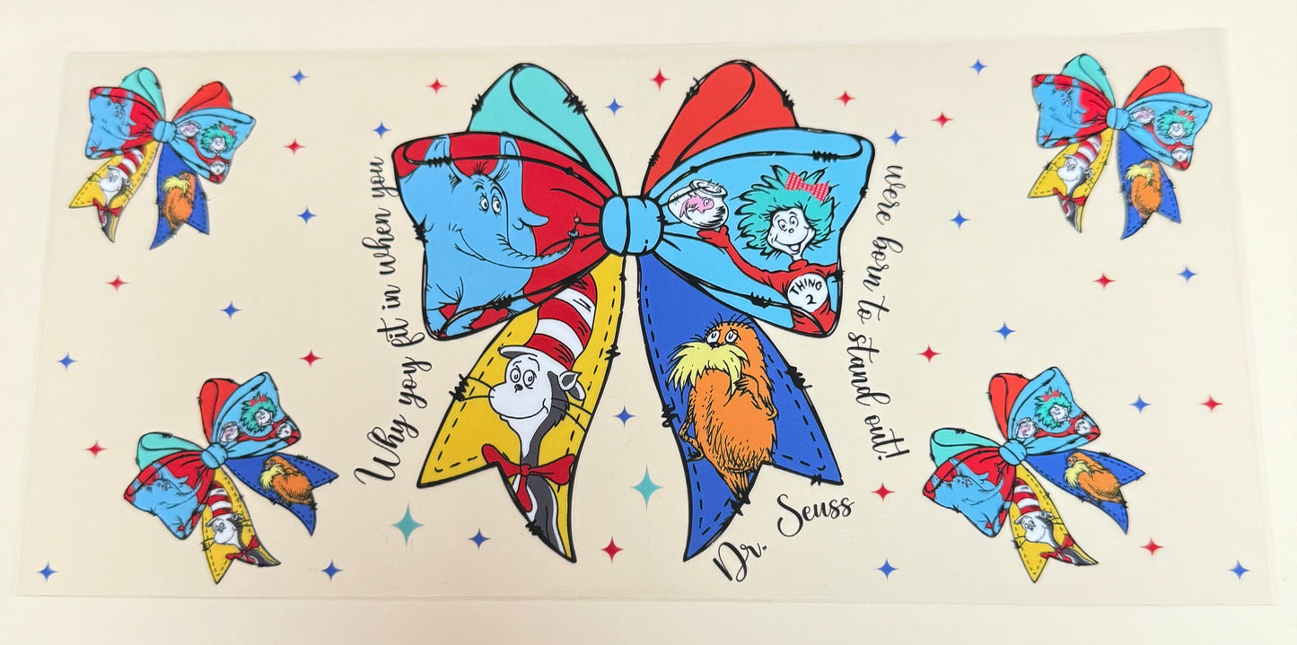 C380- (1PC) DR SUESS BOW 16OZ UV DTF Transfer Wrap/Sticker for Cup/Tumbler