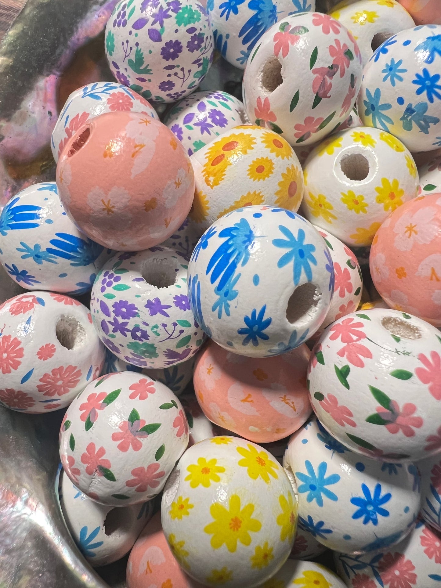 10 PCS- 16mm Multicolored FLORAL print Round Wooden Beads image 2