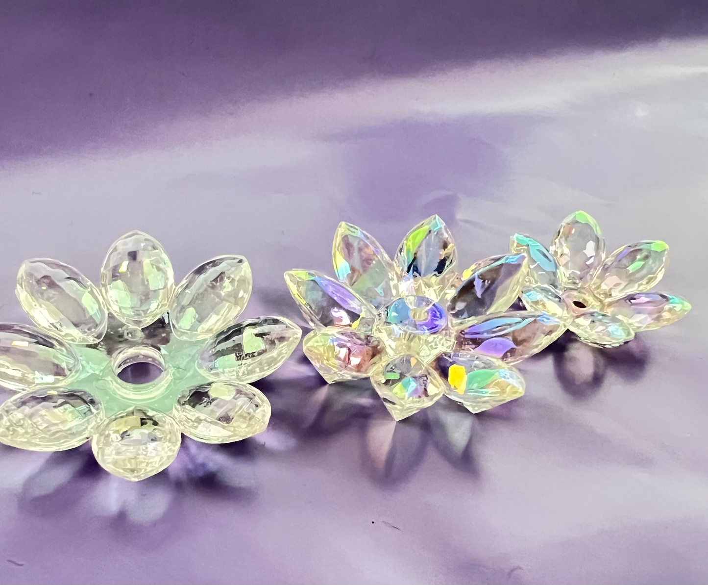 5 SETS-15 Pieces 38mm Lotus Flower Beads Clear UVAB Iridescent Rainbows image 3