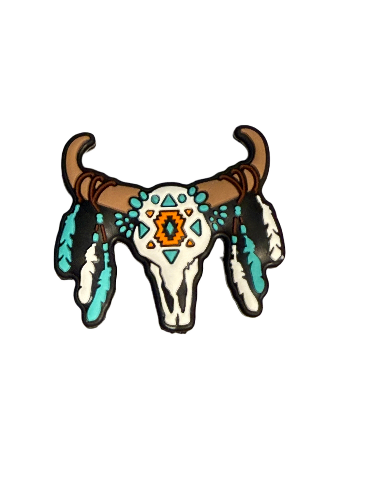 F/C31- (1)PC 1.4" Western/Aztec Bull Skull W/Feathers Focal Bead for DIY Keychains, Wristlets, Cup Charms, Car Charms ETC