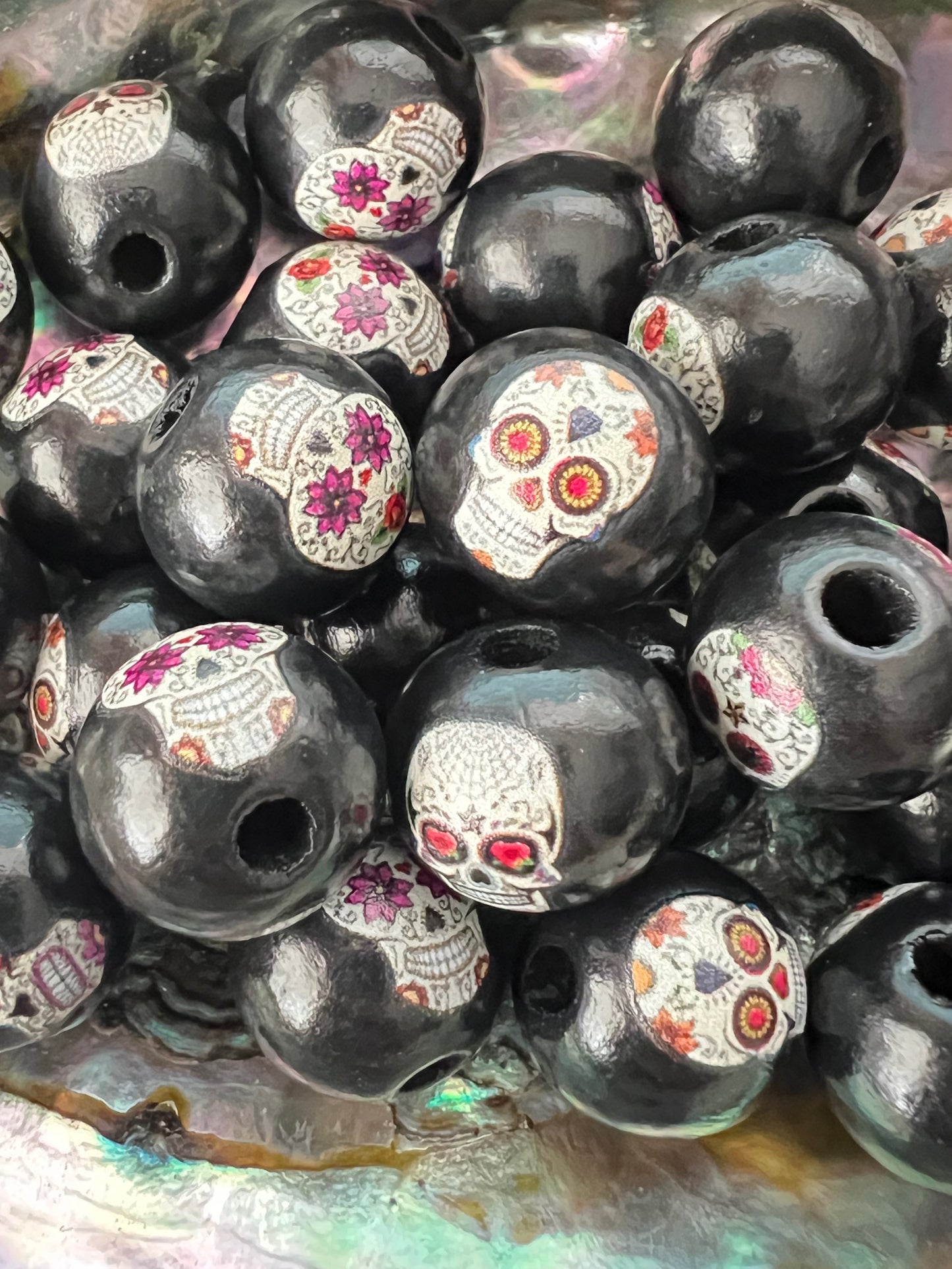 4 PCS-14mm Dia Day Los Muertos Sugar Skull printed on Black Wood Beads image 0