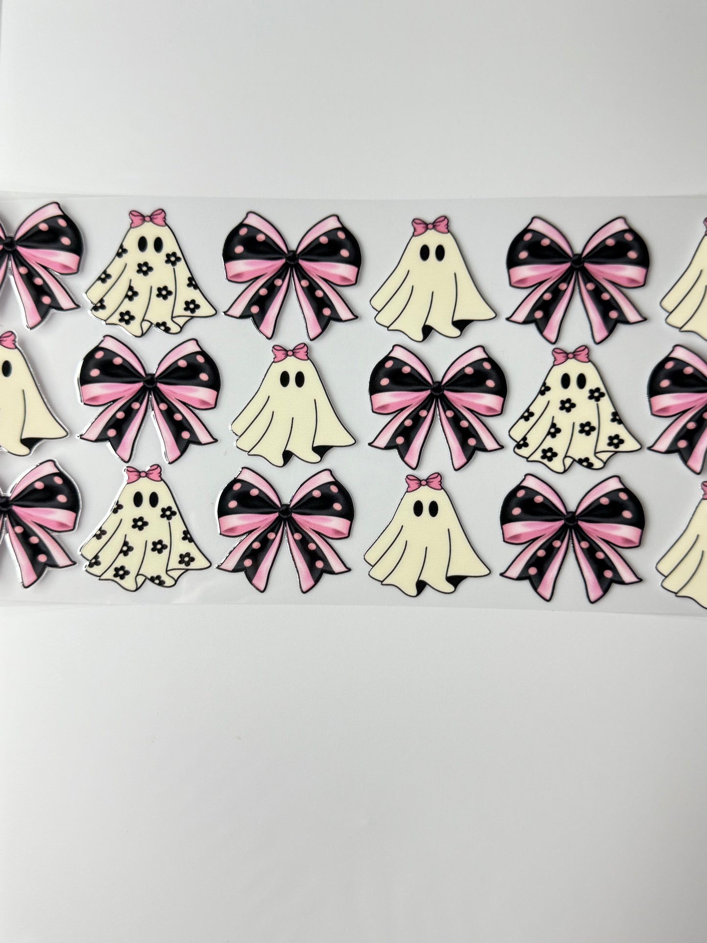C67- Cute White/Pink/Black Ghosts, and Bows 16OZ UV DTF Transfer Wrap/Sticker for Cup/Tumbler