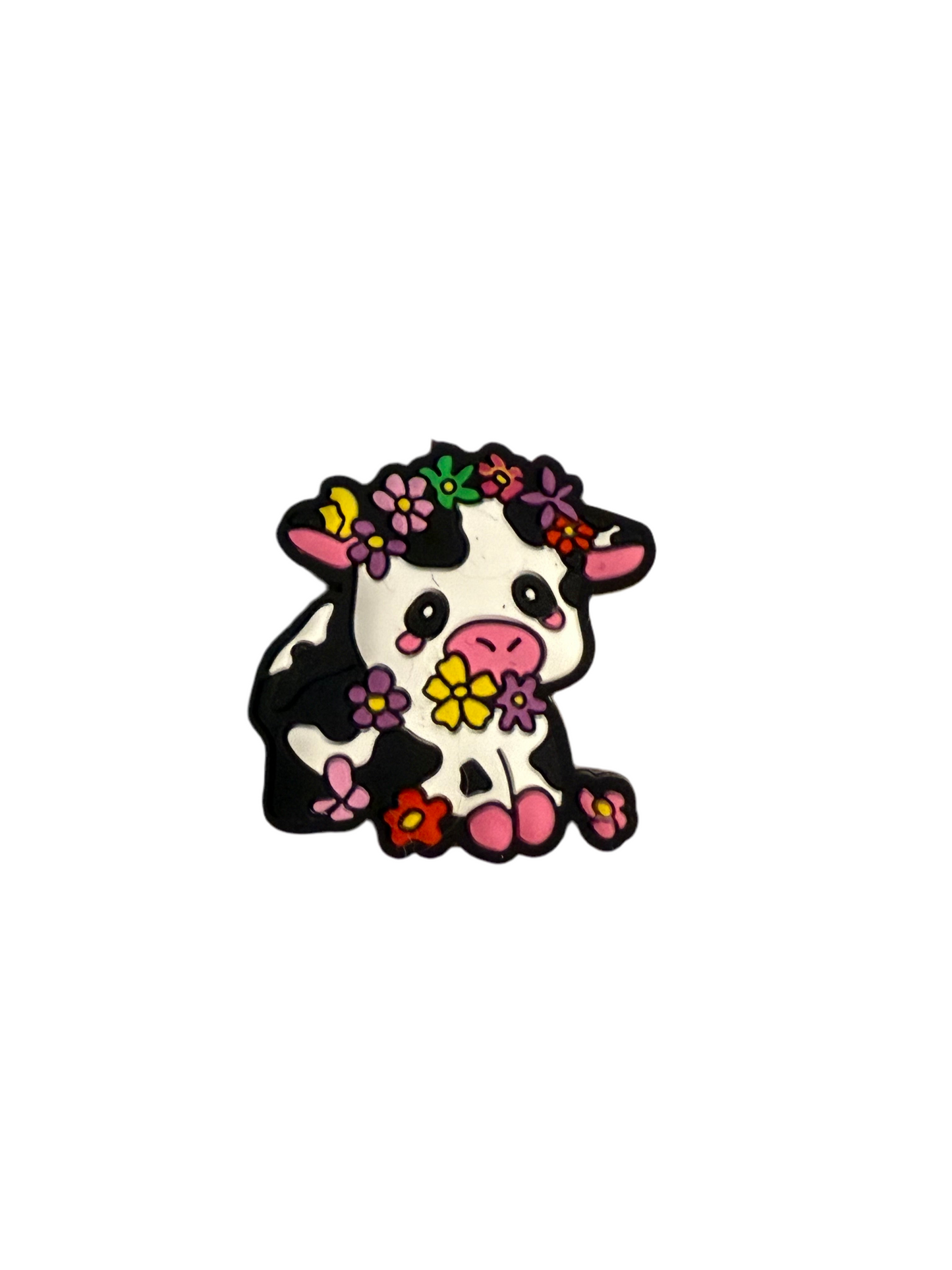 F/A12- (1)PC 1" Cute Sitting Cow W/Rainbow Flowers Focal Bead for DIY Keychains, Wristlets, Cup Charms, Car Charms ETC