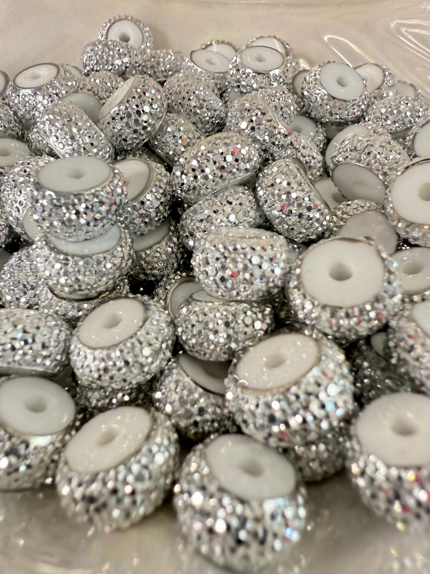 R66-(10PCS) 12mm METALLIC SILVER Round Rondelle Style Spacer Plastic/Acrylic Beads for DIY