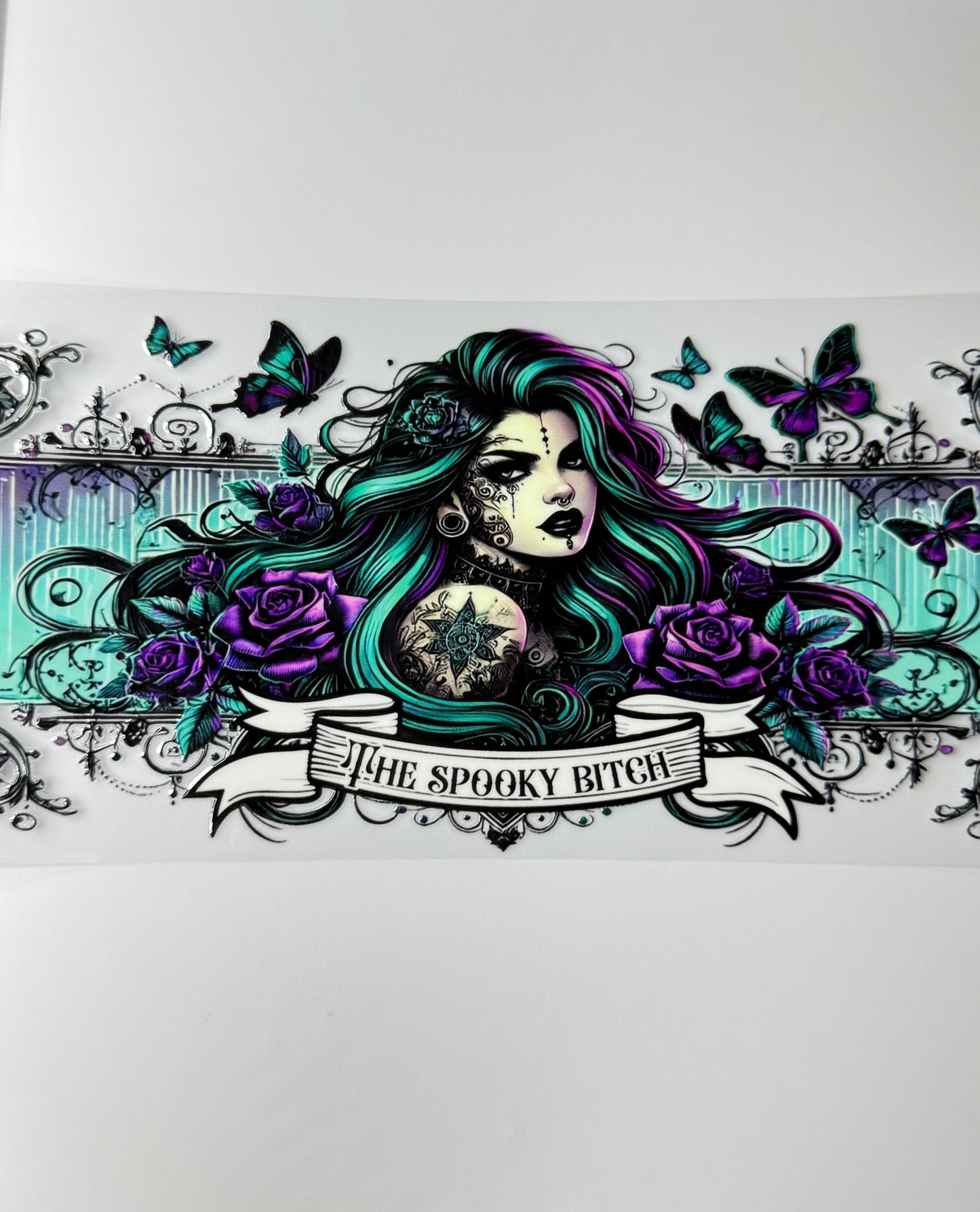 C46- THE SPOOKY B**CH with colorful roses, and butterflies 16OZ UV DTF Transfer Wrap/Sticker for Cup/Tumbler