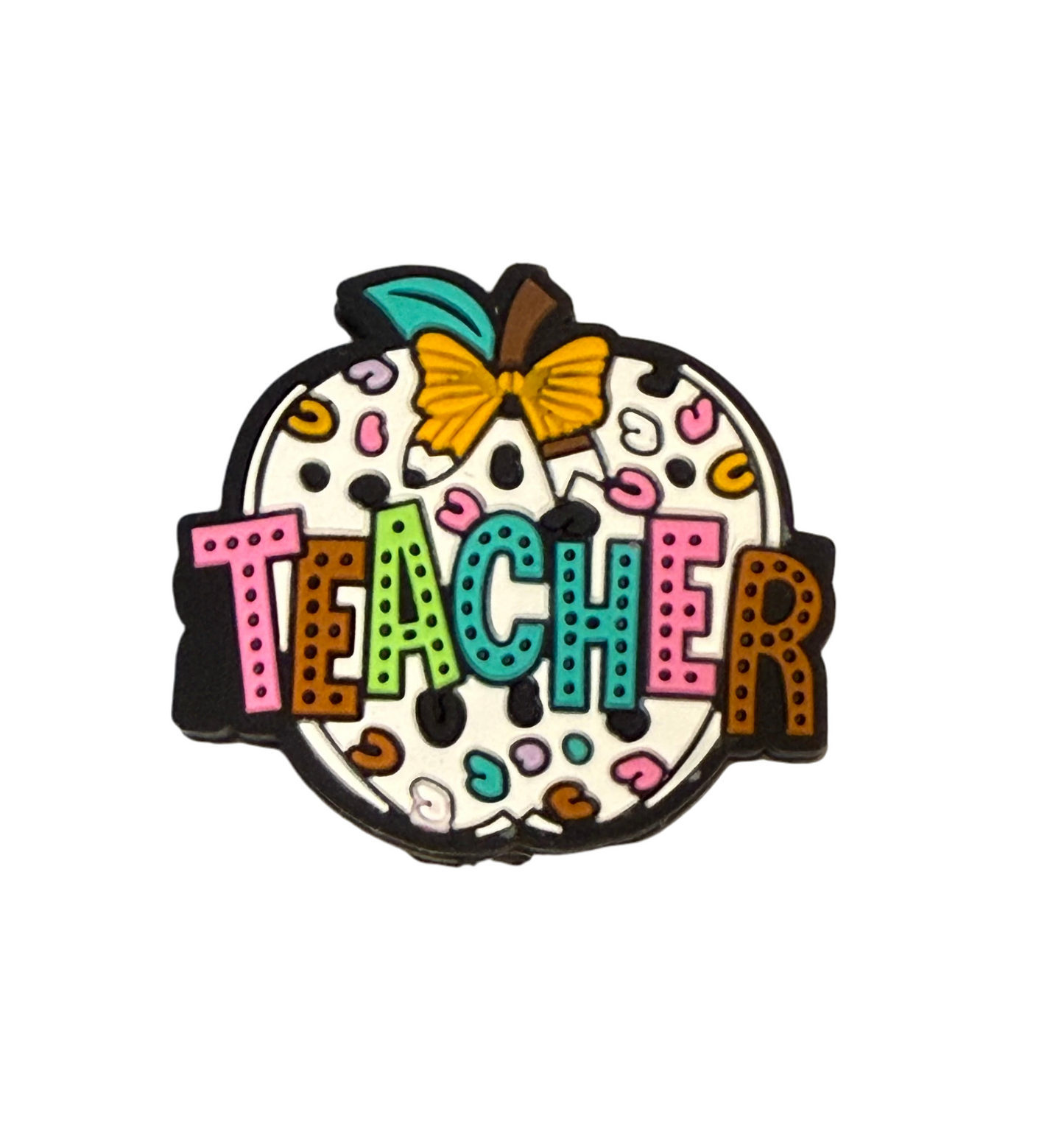 F/C34- (1)PC 1.1" TEACHER Apple W/Colorful Leopard Print/Pencil Bow Focal Bead for DIY Keychains, Wristlets, Cup Charms, Car Charms ETC