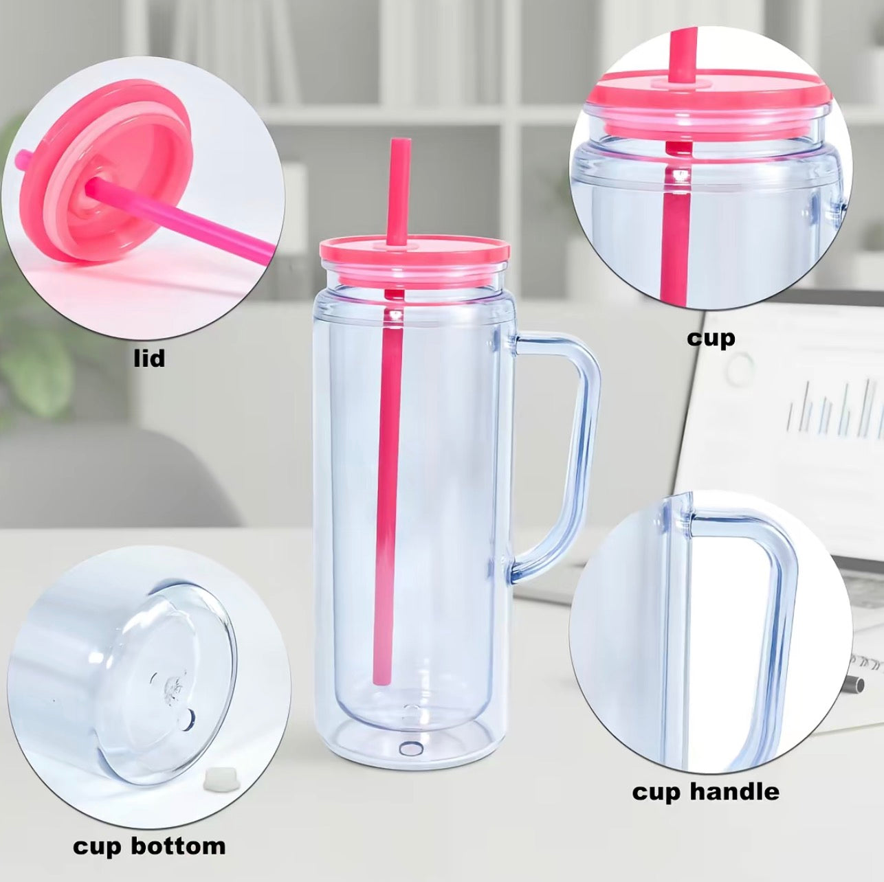 (1)- Choose your color Lid/Straw- Personalized 20oz W/HANDLE ACRYLIC Snow Globe Libby Style Tumbler