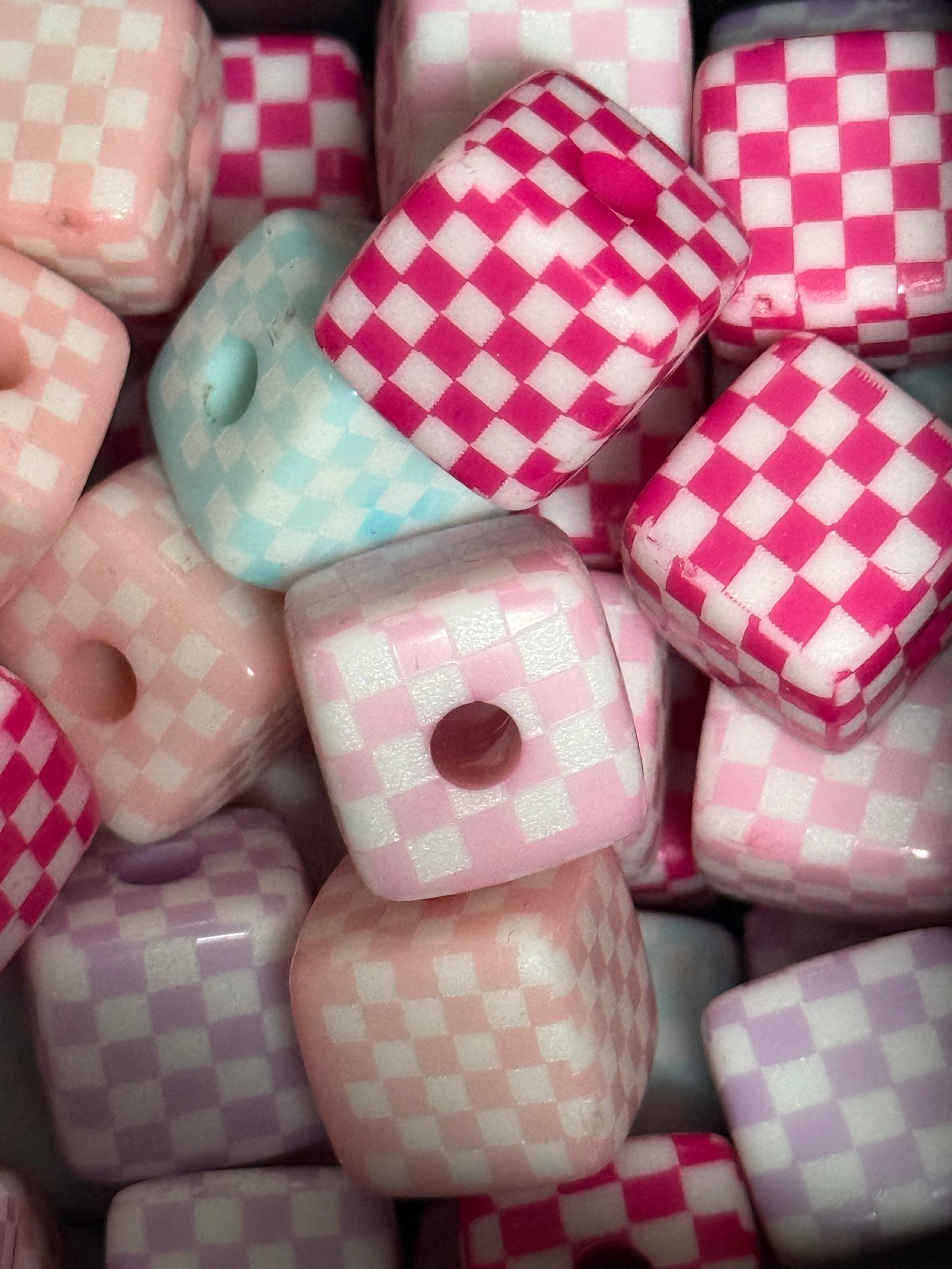CB7- (10PCS)- 13mm Multicolor Cube/Square Checkered/Gingham Pattern Beads For DIY