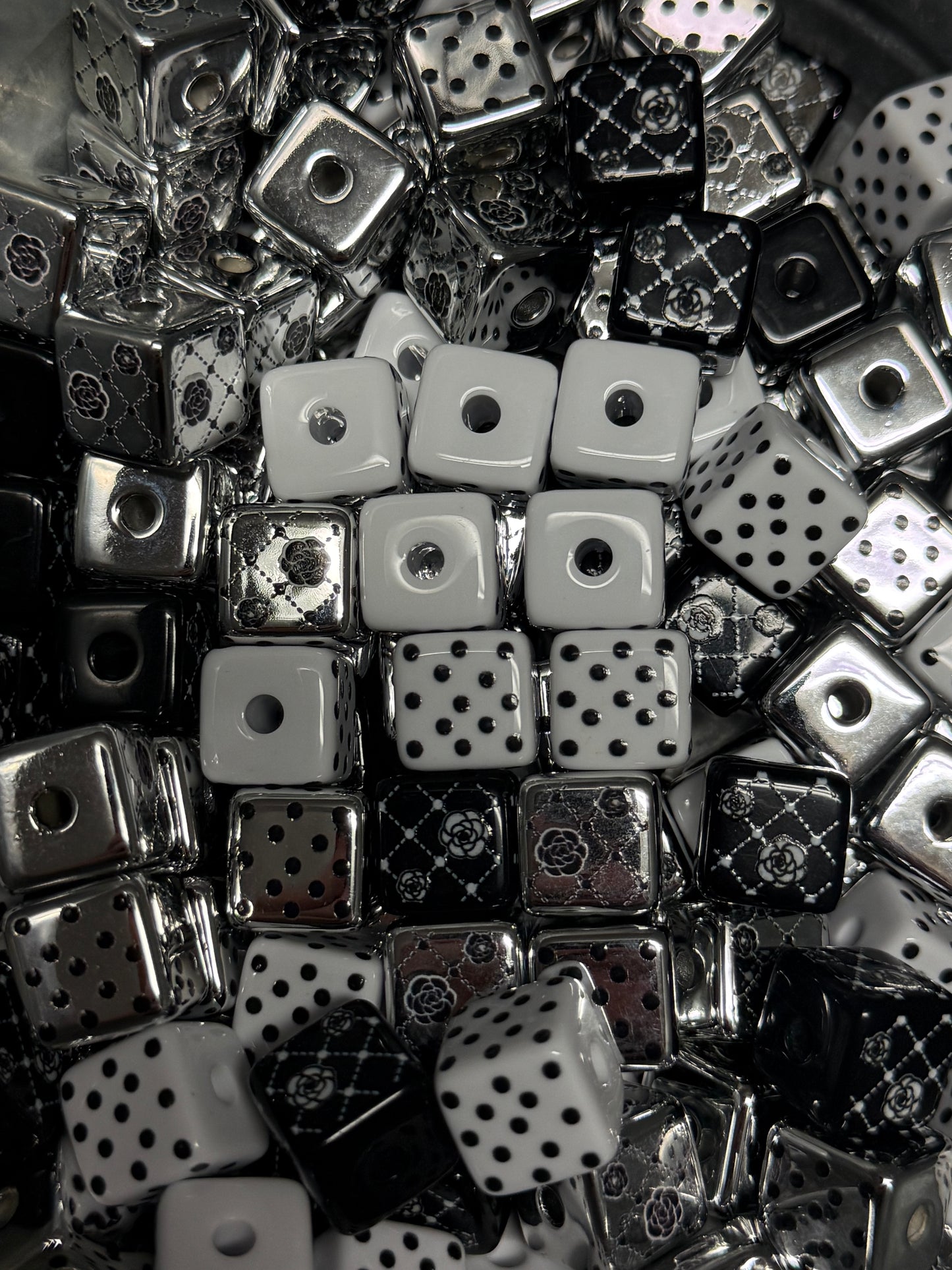 CB14- (10PCS)- 13mm Black & White Cube/Square Floral/PolkaDot/ Pattern Beads For DIY