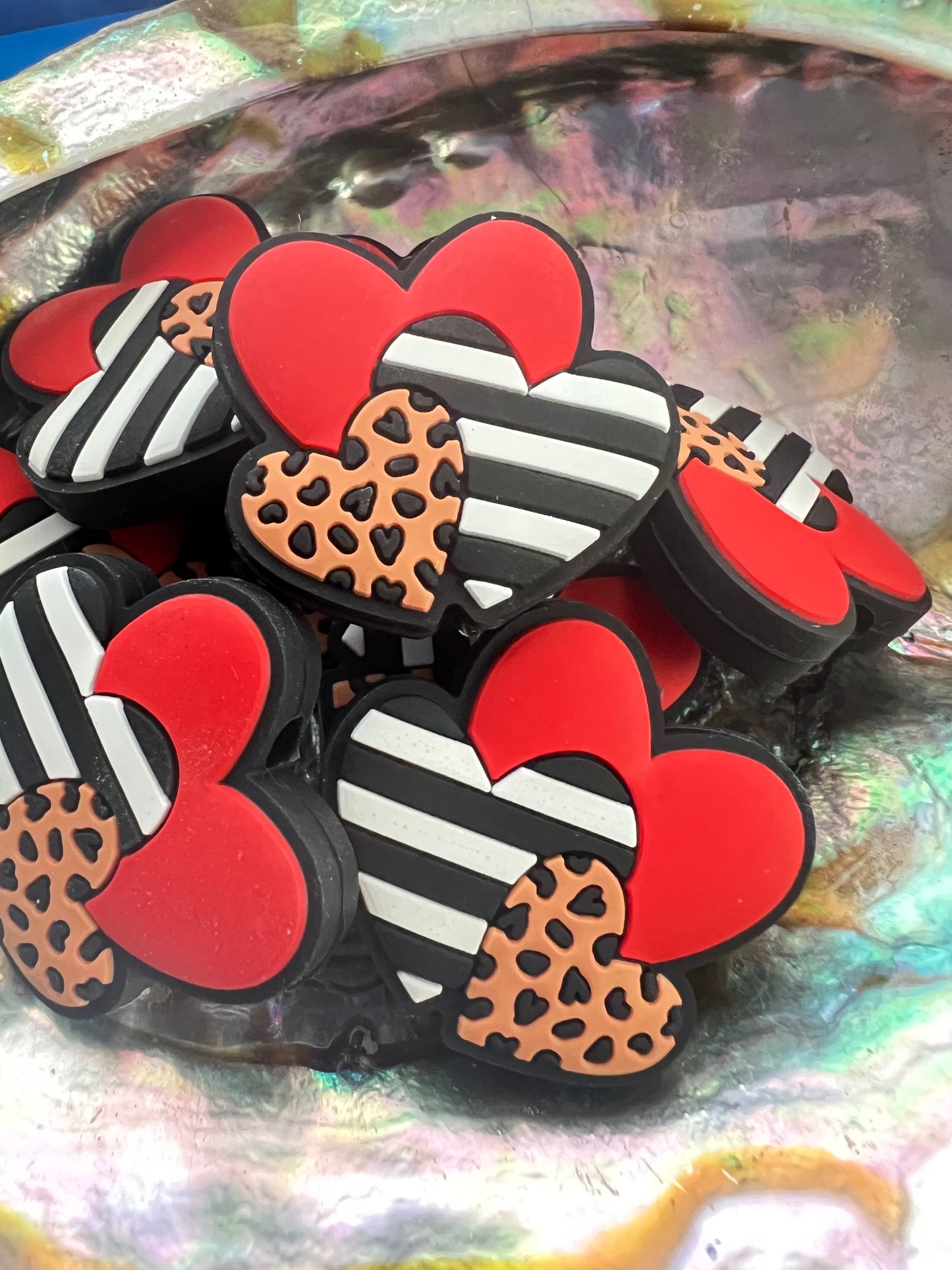 (1)PC- 3 Layer Heart-Red-Blk/White Stripe-Brown Leopard- Focal Bead image 0