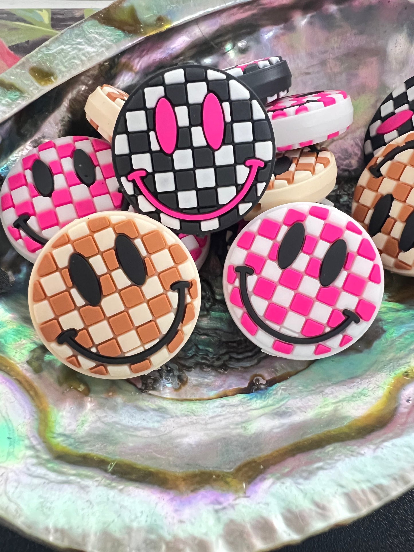 (1)PC- Choose Your Color-Round Shaped Checkered Smiley Face Focal Bead image 0