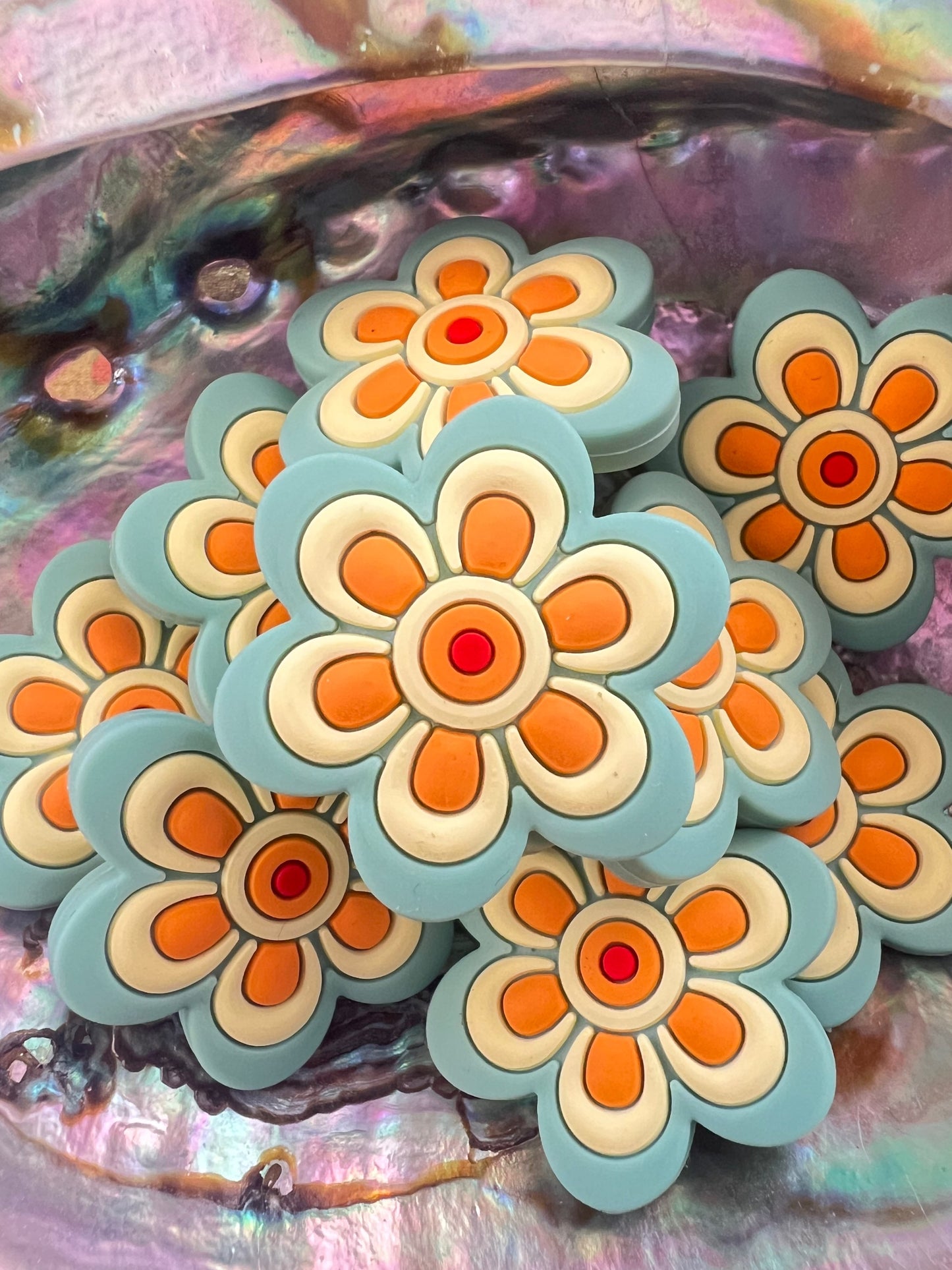 (1)PC-29mm Large Size Teal/Yellow/Orange Flower Focal Bead image 0