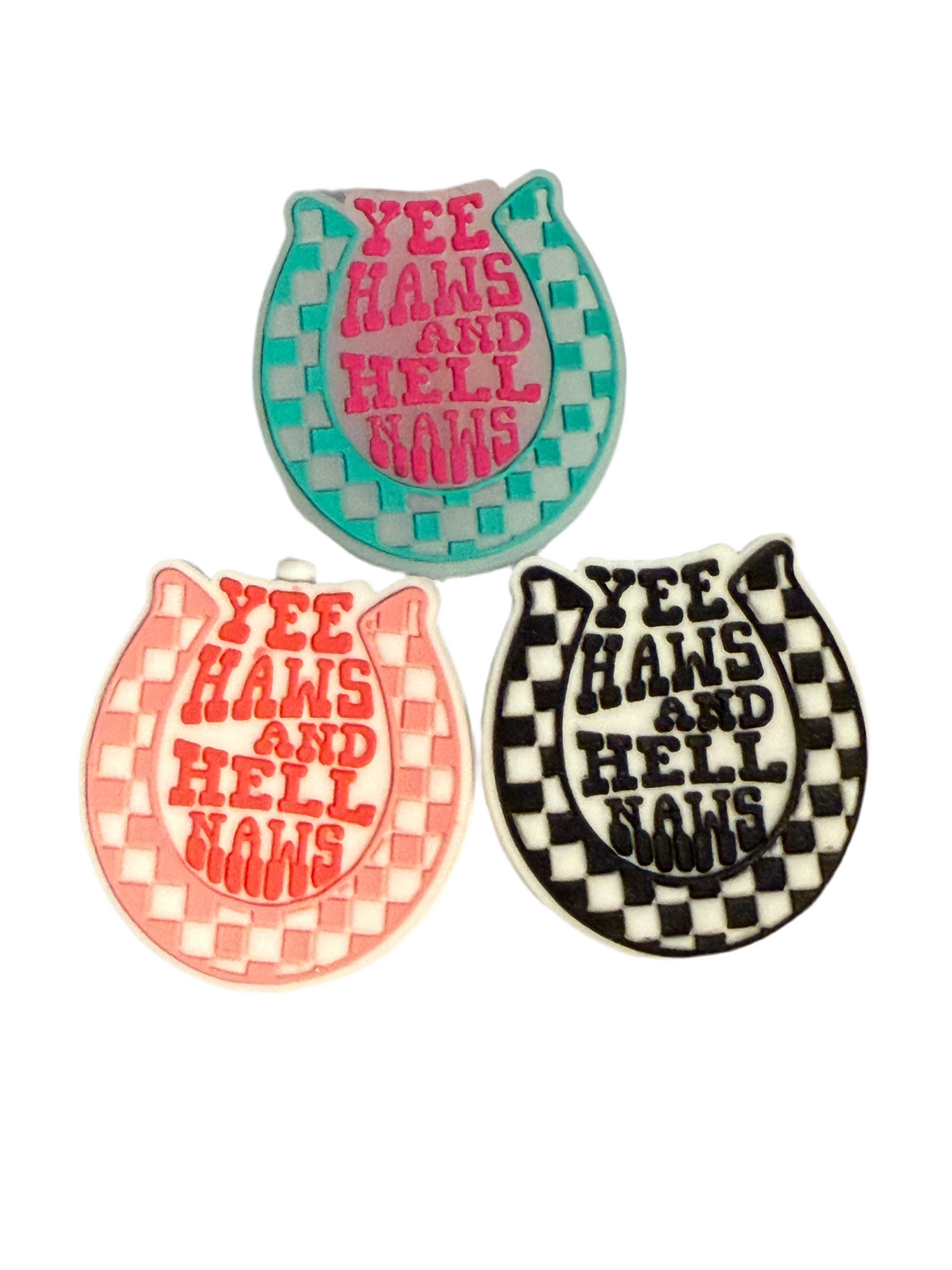 F/C25- (1)PC 1.1" Choose your color- YEE HAWS and HE*L NAWS W/Checkered Horseshoe Focal Bead for DIY Keychains, Wristlets, Cup Charms, Car Charms ETC