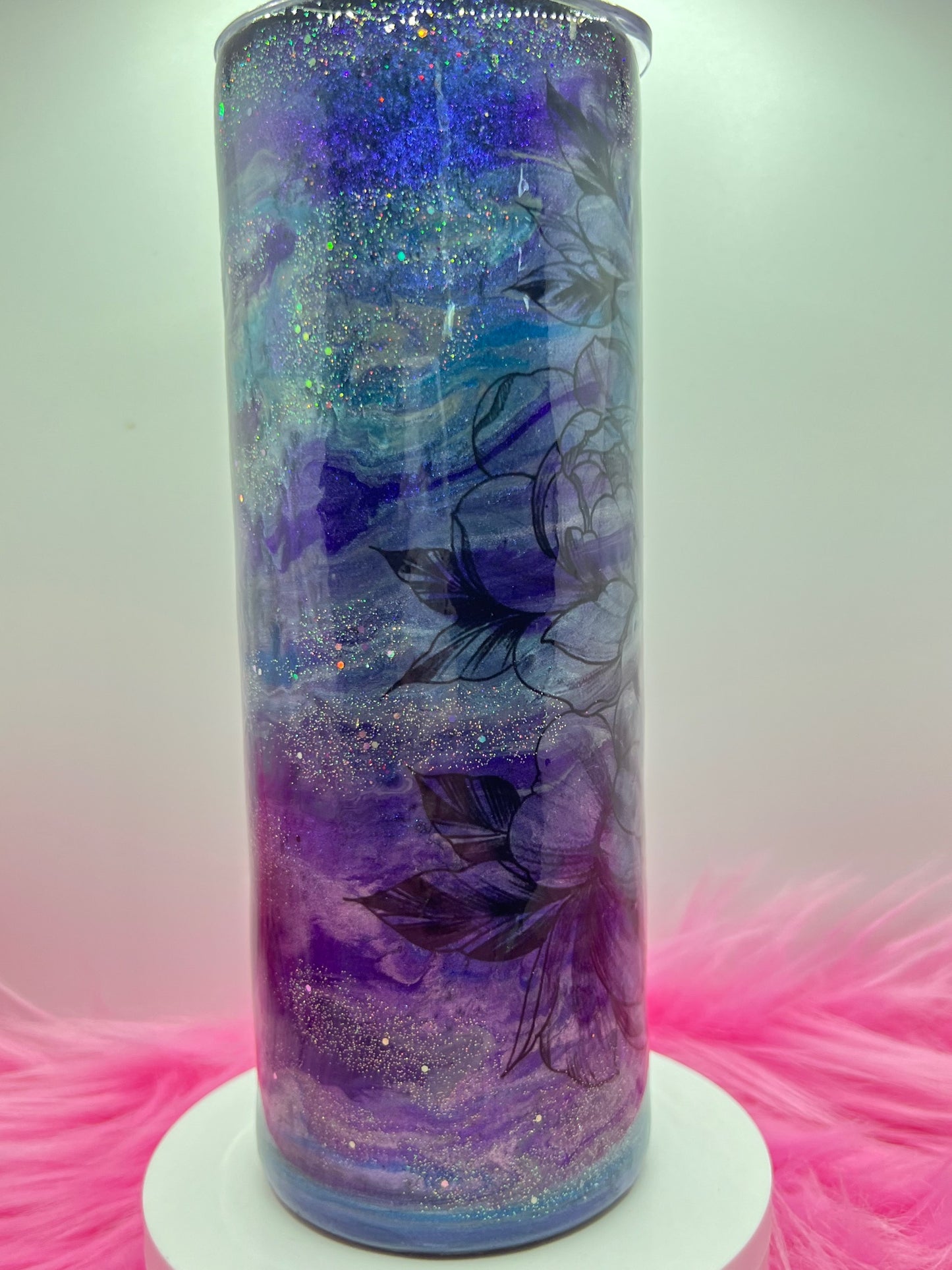 (1)- RTS 20oz Straight FLORAL purple/blue MILKY WAY ink/glitter Epoxy Tumbler image 1