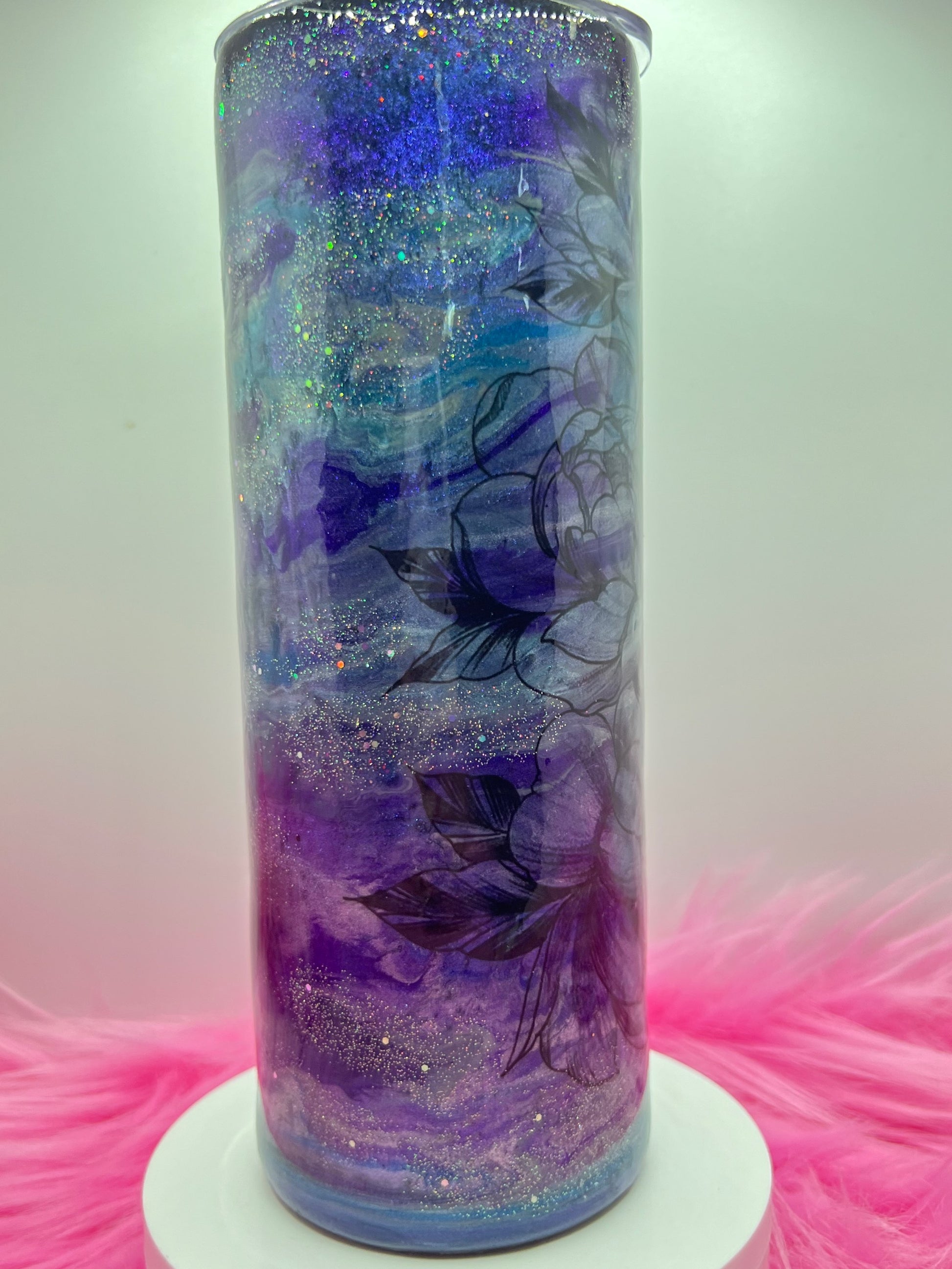 (1)- RTS 20oz Straight FLORAL purple/blue MILKY WAY ink/glitter Epoxy Tumbler image 1