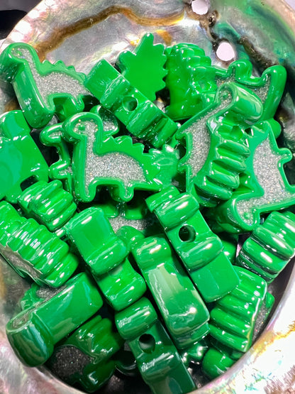 5 PCS- 25mm 3D Acrylic Dinosaur/Stegosaurus/Green with Silver Glitter Beads image 1