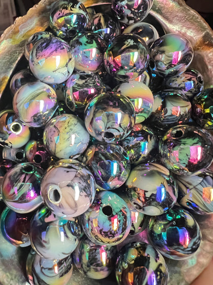 10 PCS - 16mm Round Marble/Swirl UVAB White/Black Acrylic Beads image 3