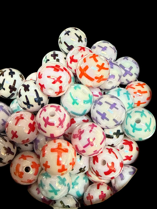 B136- (10PCS) 15mm Round UVAB WHITE CROSS MULTI-COLOR MIX Acrylic Beads for DIY