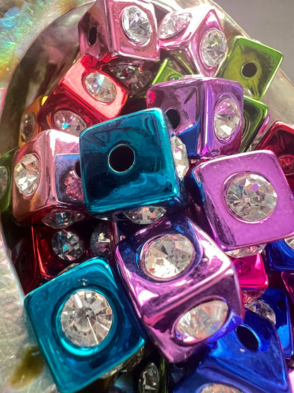 10 PCS - 14mm Metallic Multi colored Rainbow Rhinestone Cube/Square Beads image 3