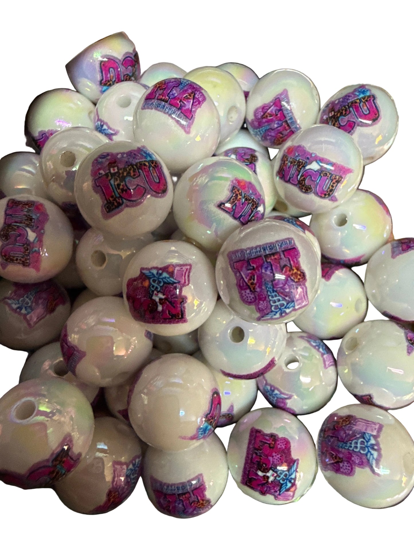 B132- (10PCS) 15mm Round UVAB WHITE MA/ICU/RN/LPN/NICU MIX Acrylic Beads for DIY