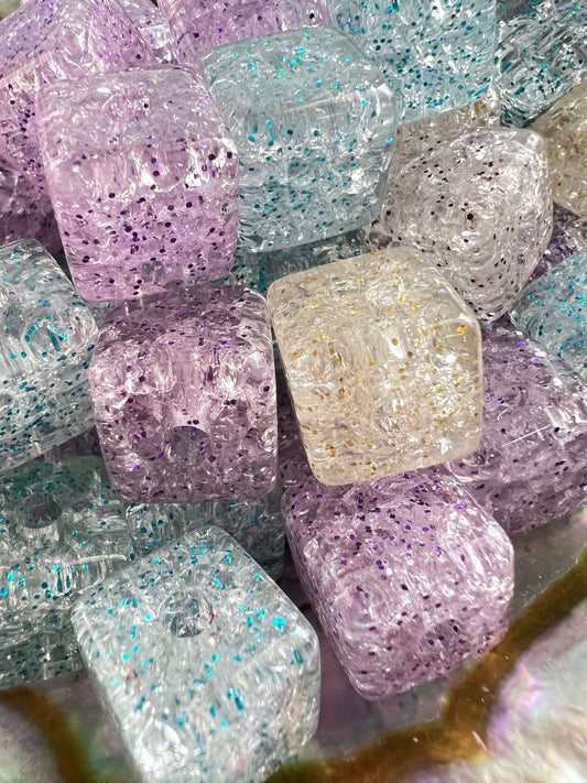 10pcs - 14mm Crackle UV coated multi colored clear glitter Cube/Square Beads image 0