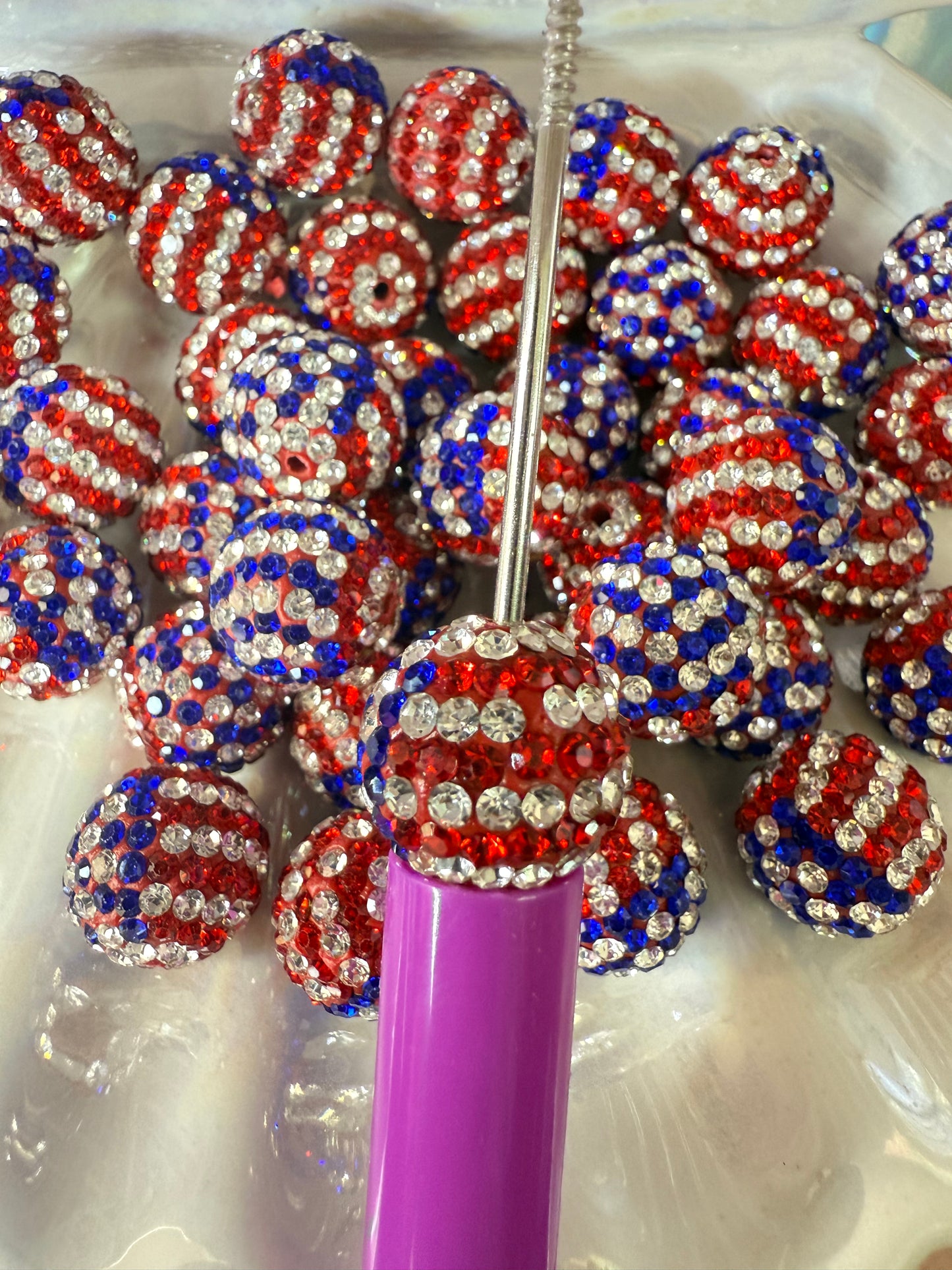 R18- (5PCS) 16mm American Flag Striped Red/White/Blue Pave-rhinestones with Polymer Clay Core Beads for DIY
