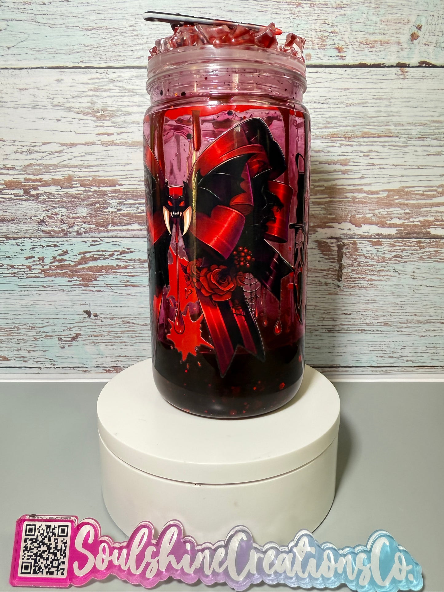 (1)- Ready To Ship /BOYS OF HALLOWEEN HORROR BL00D DRIP Design 16OZ ACRYLIC Snow Globe Tumbler