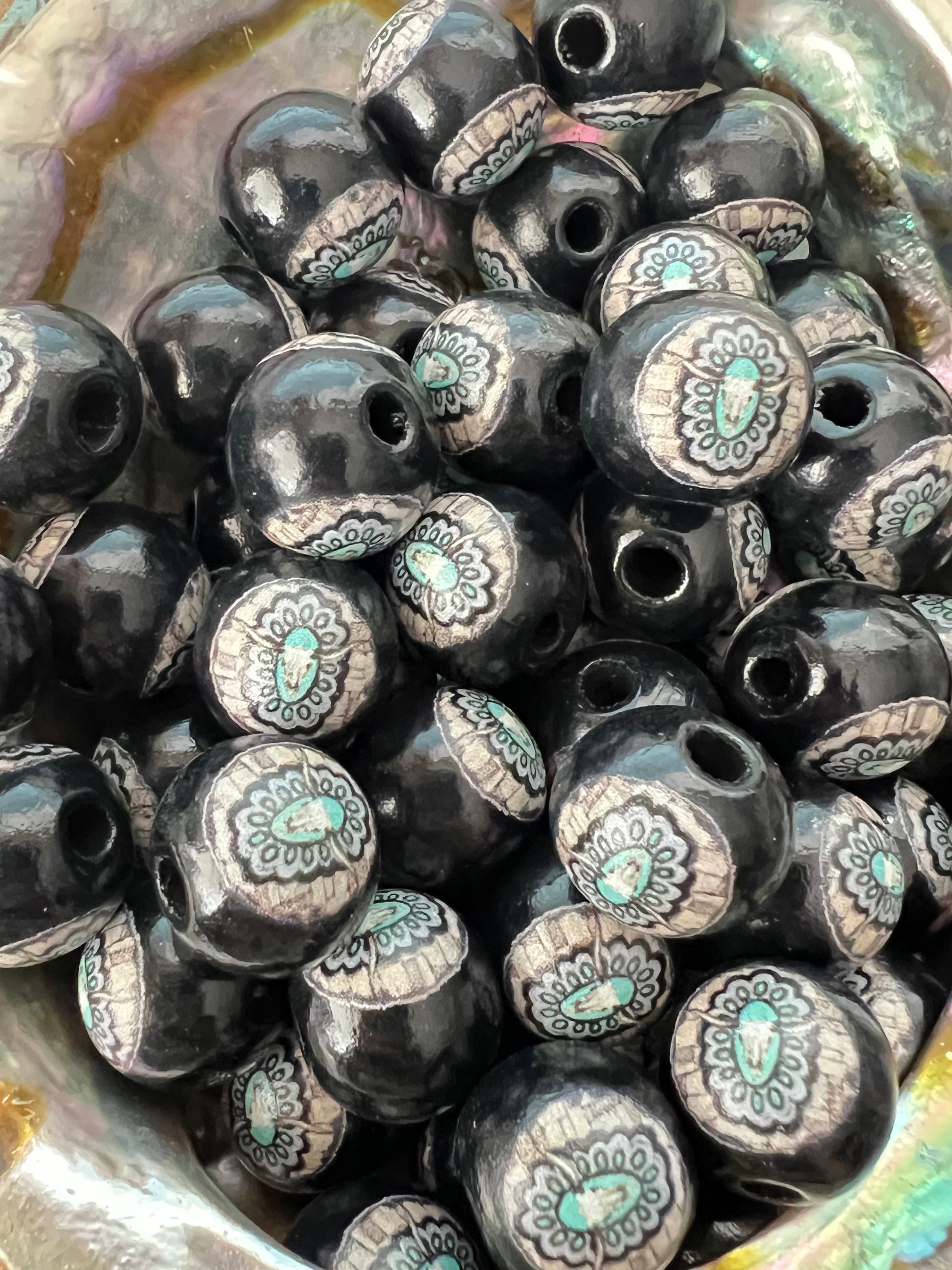 4 PCS- 14mm Teal/Brown/Gray Aztec Design printed on Black Wood Beads image 1