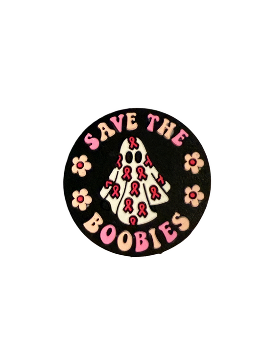 F/HAL13 (1)PC 1.1" Round Save The B00-Bies W/Ghost/Pink Ribbon/Flowers Focal Bead for DIY Keychains, Wristlets, Cup Charms, Car Charms ETC