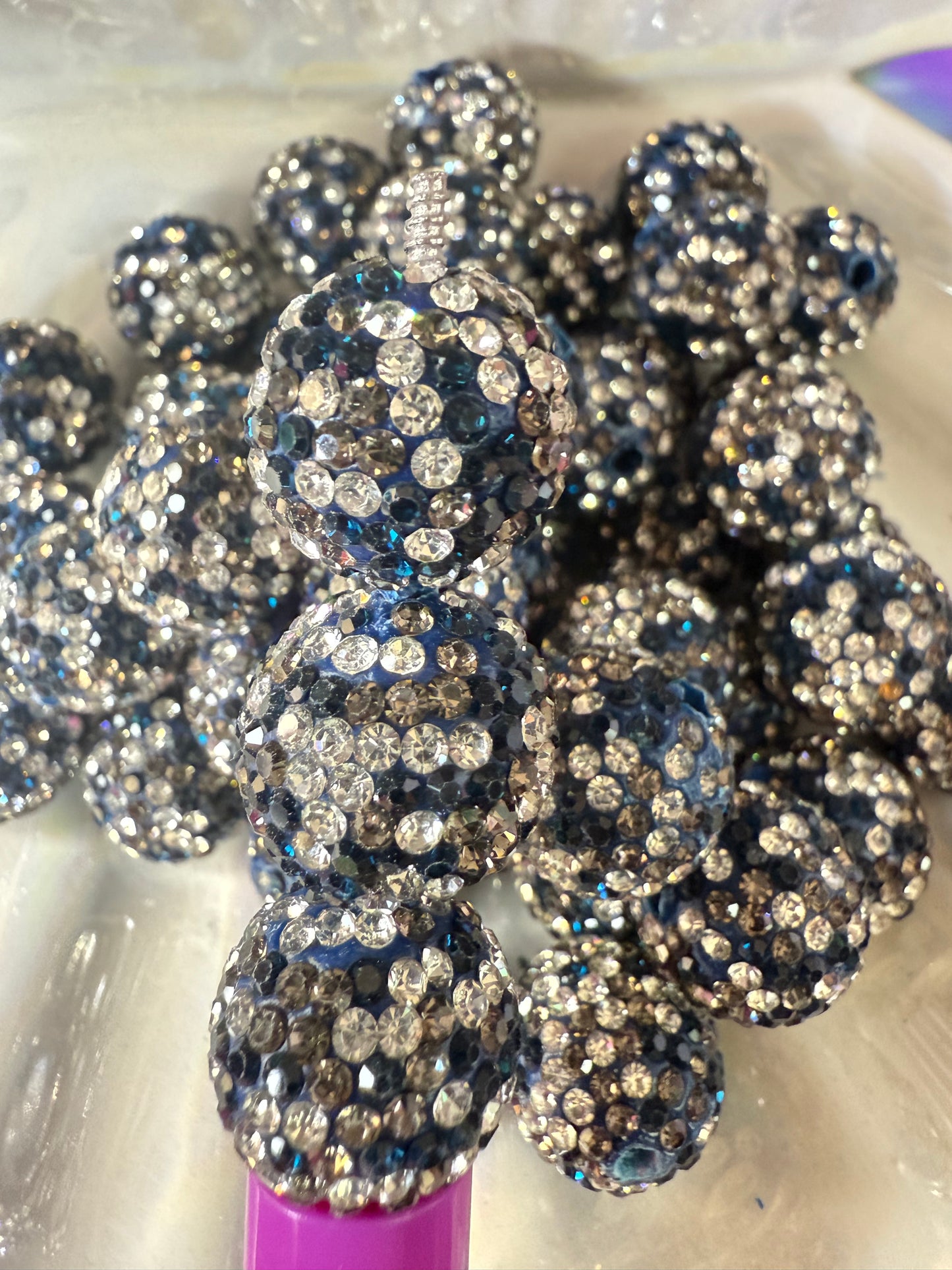 R15- (10PCS) 16mm Navy/Silver/Charcoal Pave-rhinestones with Polymer Clay Core Beads for DIY
