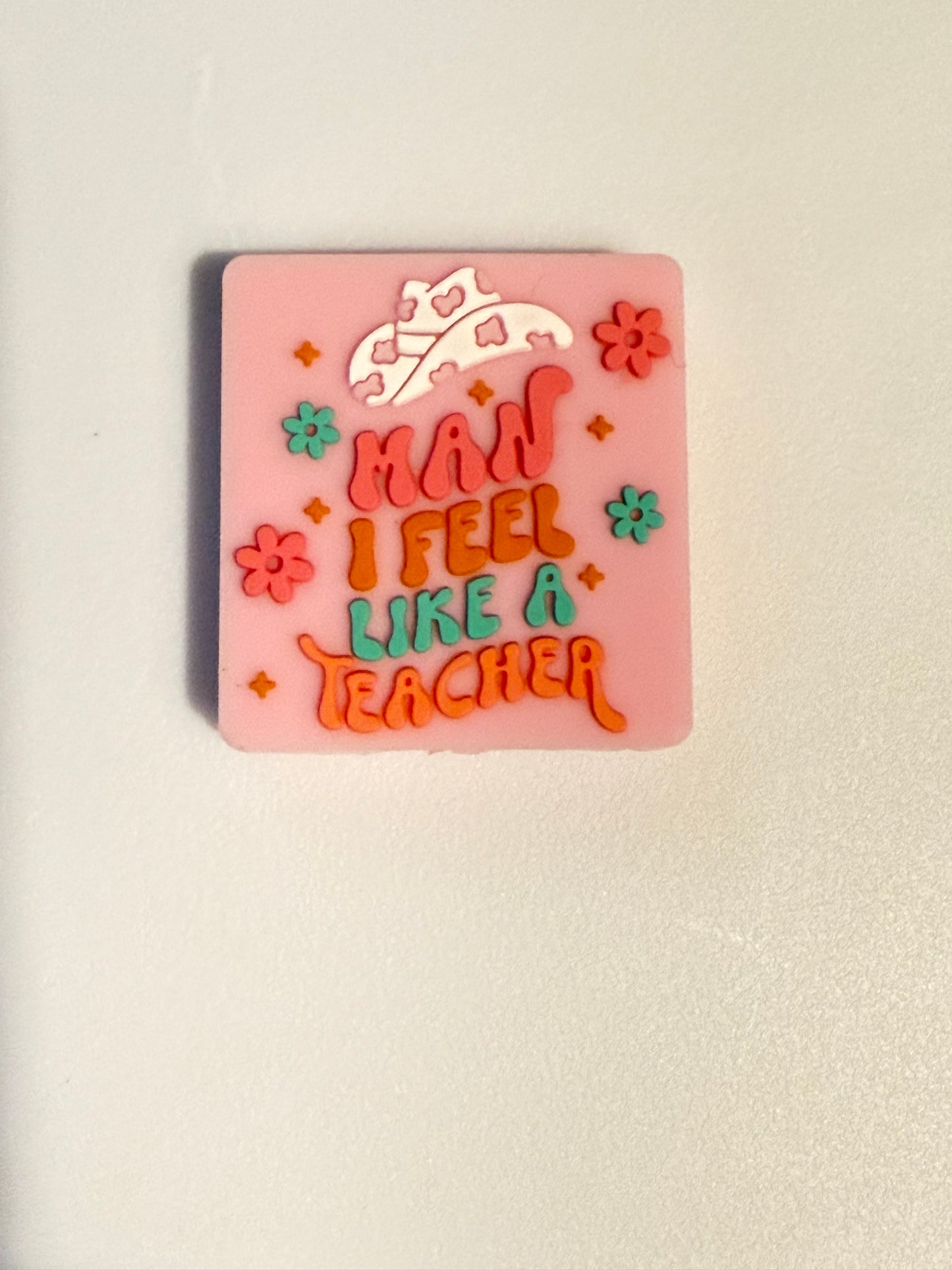 F/C44- (1)PC 1" Choose Your Color- Pink/Teal Man I feel like a TEACHER W/Cowboy Hat/Flowers Focal Bead for DIY Keychains, Wristlets, Cup Charms, Car Charms ETC