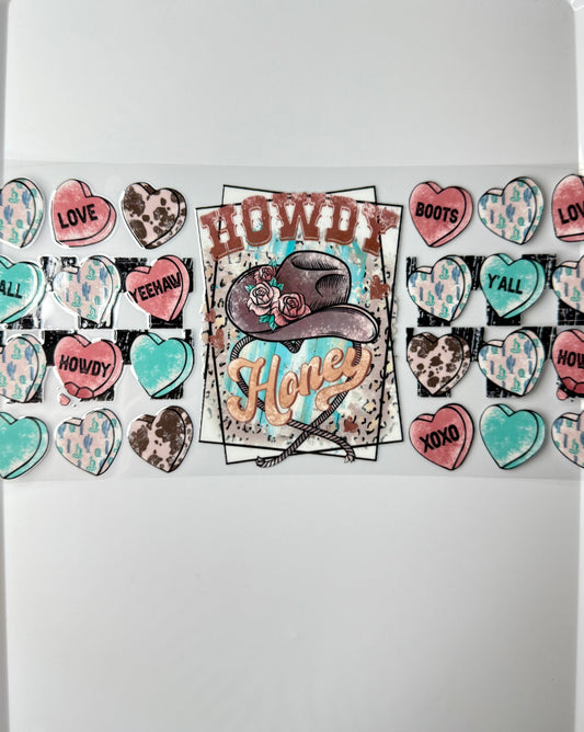 C30- HOWDY Honey with Cowgirl hat, and pastel hearts 16OZ UV DTF Transfer Wrap/Sticker for Cup/Tumbler