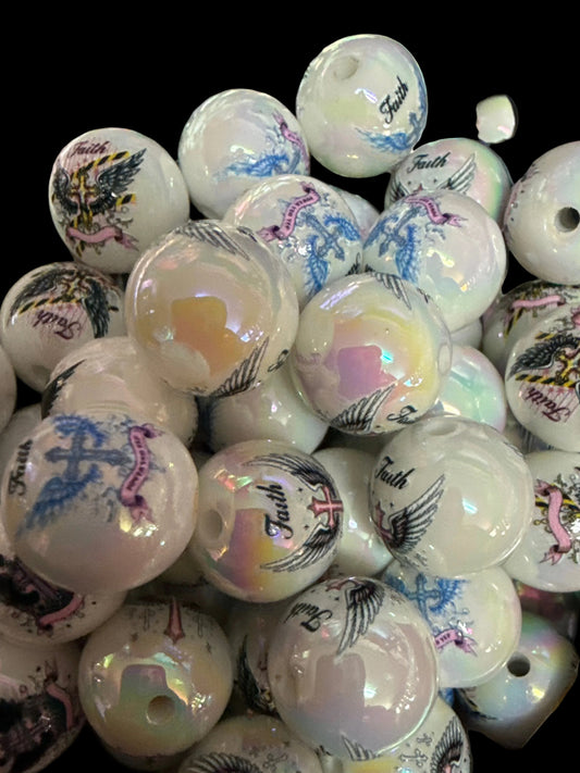 B135- (10PCS) 15mm Round UVAB WHITE Faith/Cross/Wings MIX Acrylic Beads for DIY