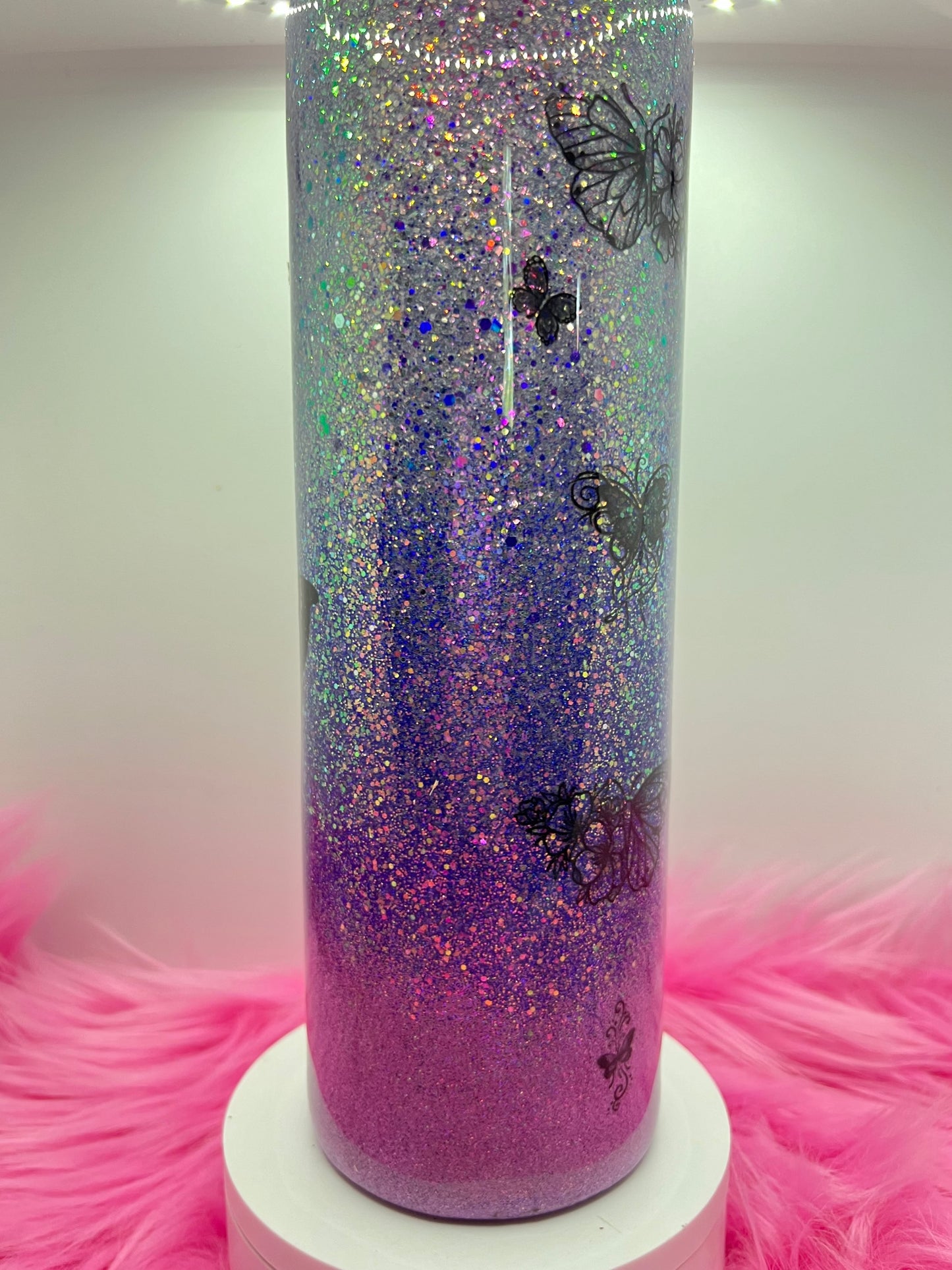 (1)- RTS 30oz Straight BUTTERFLY purple/pink/silver glitter Epoxy Tumbler image 1
