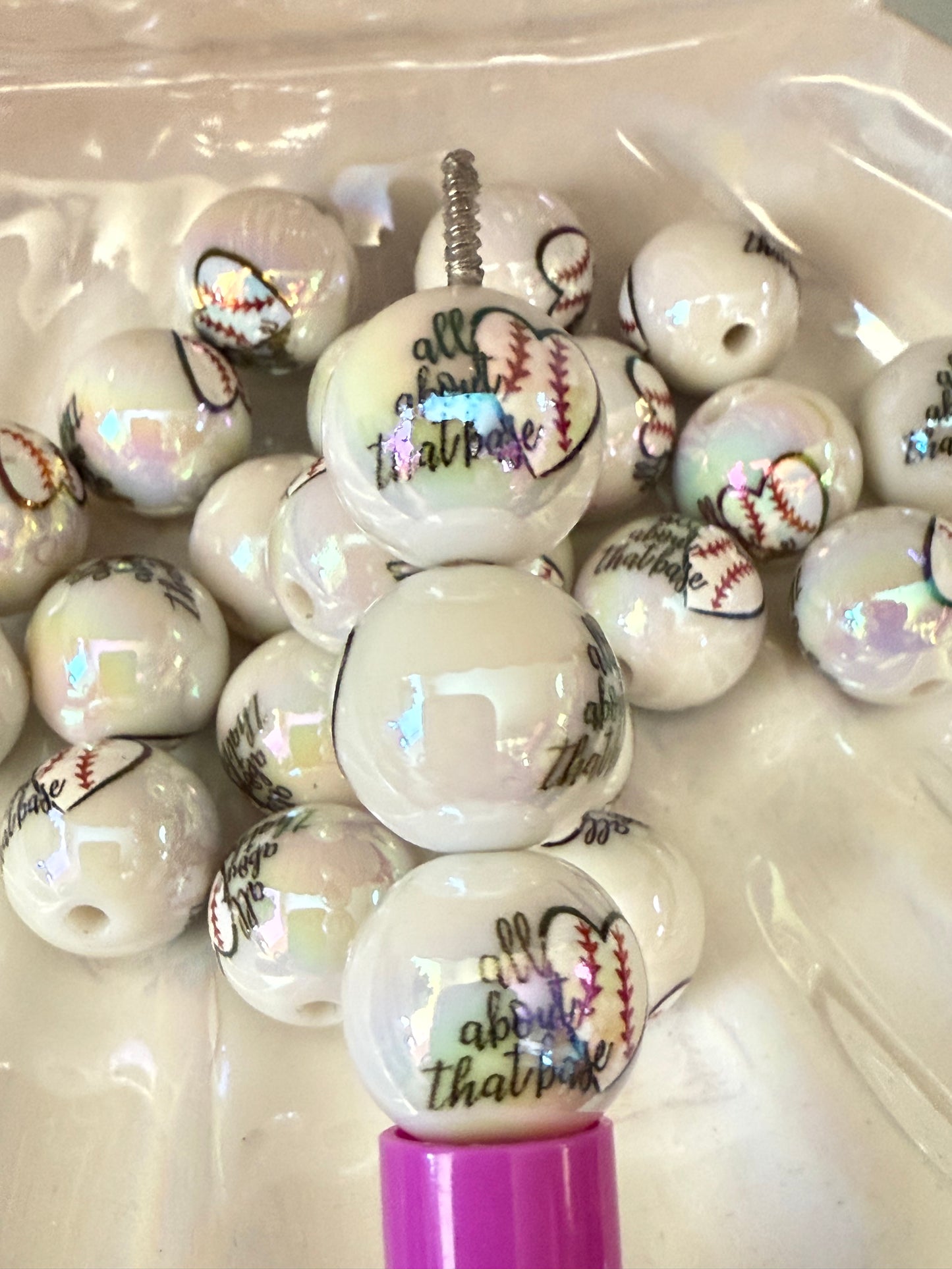 B8- (10PCS) 16mm White UVAB All about that base Sports Bubblegum Acrylic Beads for DIY